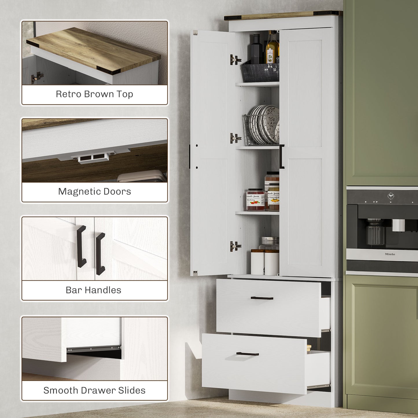 HOMCOM 67" Tall Kitchen Pantry Storage Cabinet, Kitchen Pantry Cabinet with Doors, Drawers and Adjustable Shelves, Cream White