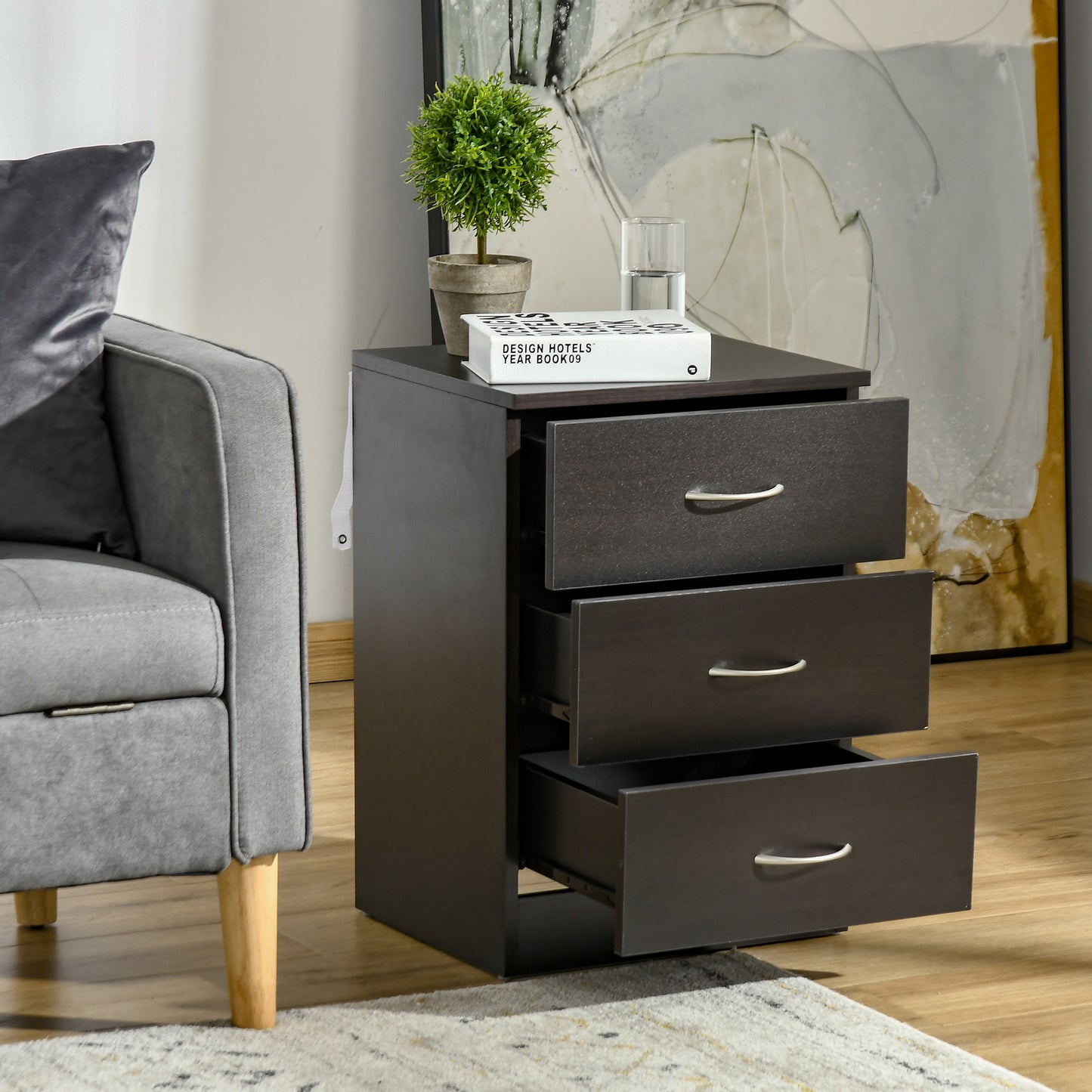 HOMCOM Bedside Table, Modern Night Stand with 3 Drawers and Metal Rail for Bedroom, Dark Brown