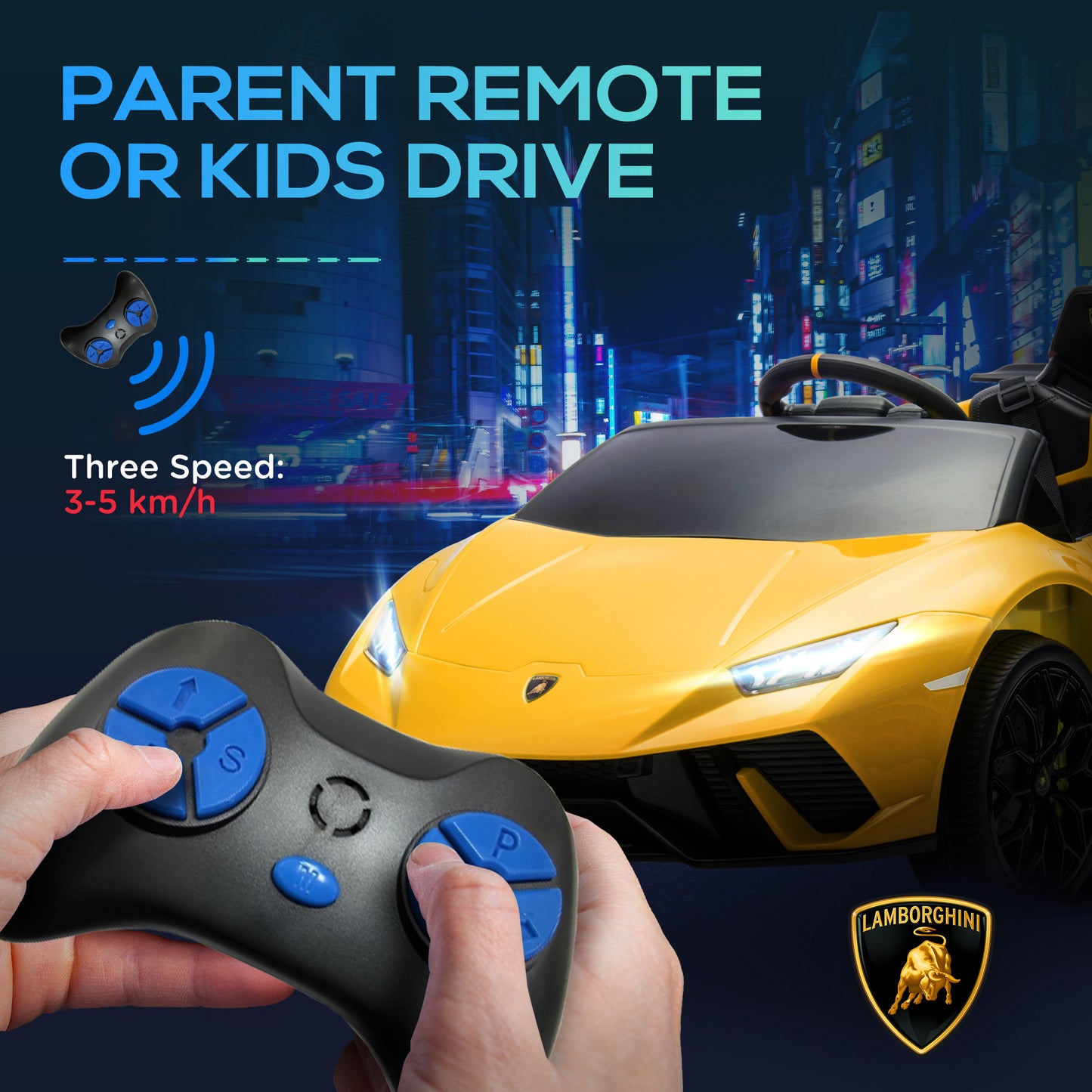 Qaba 12V Lamborghini Huracan Licensed Kids Electric Car with Remote Control, Spring Suspension, Transport Wheels, Yellow