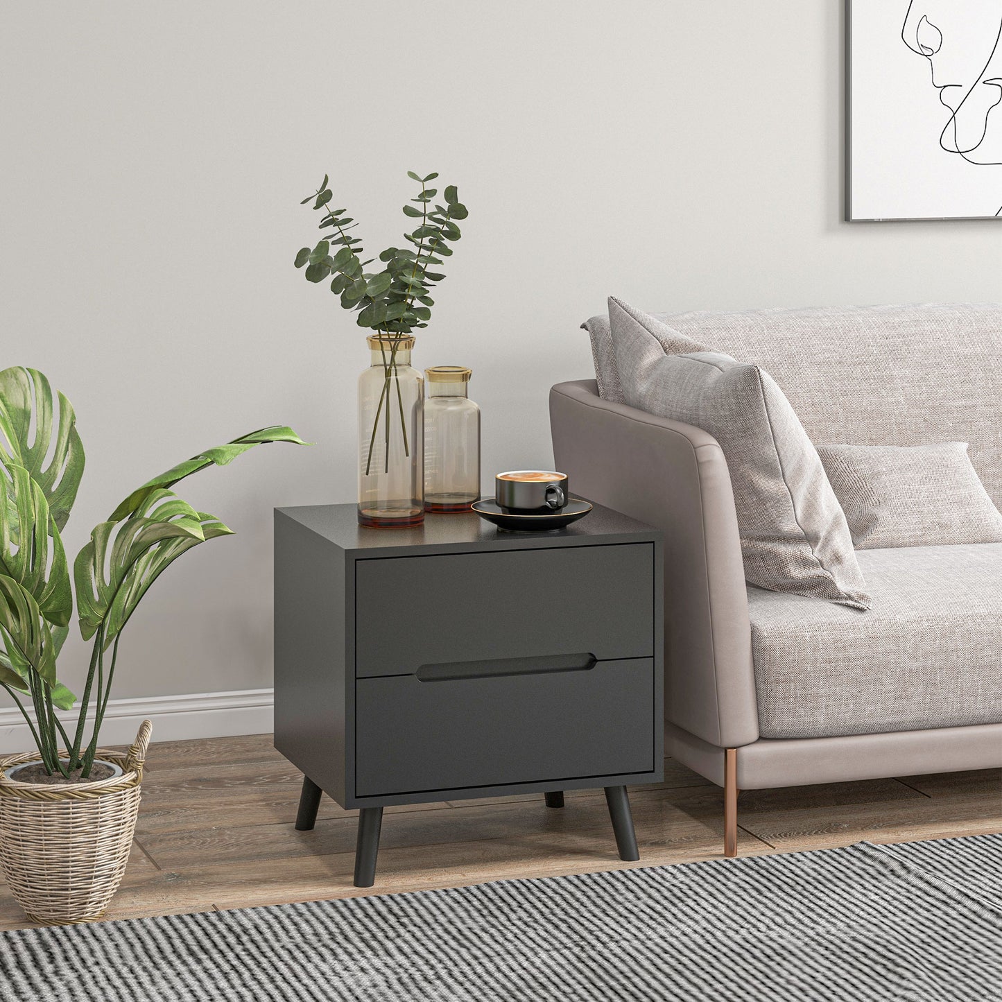 HOMCOM Bedside Table, Nightstand with 2 Drawers, Side Table with Pine Wood Legs for Bedroom, White