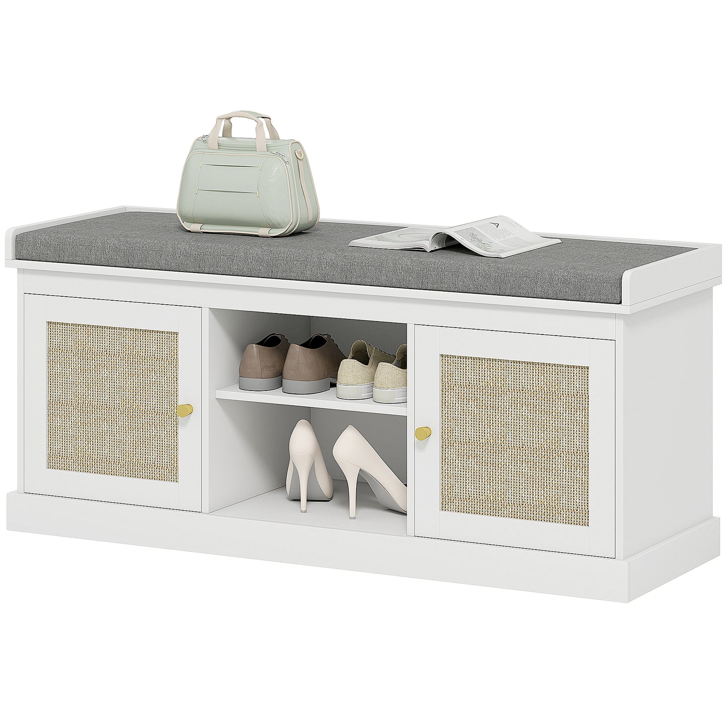 HOMCOM Shoe Bench with Padded Cushion, Boho Entryway Bench with Rattan Doors and Adjustable Shelves, Holds 9 Pairs, White