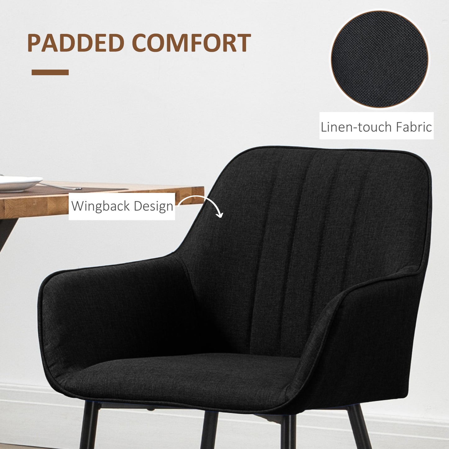 HOMCOM Dining Chairs Set of 2, Linen Upholstery Accent Chair with Back, Armrest, Metal Legs, Dark Grey