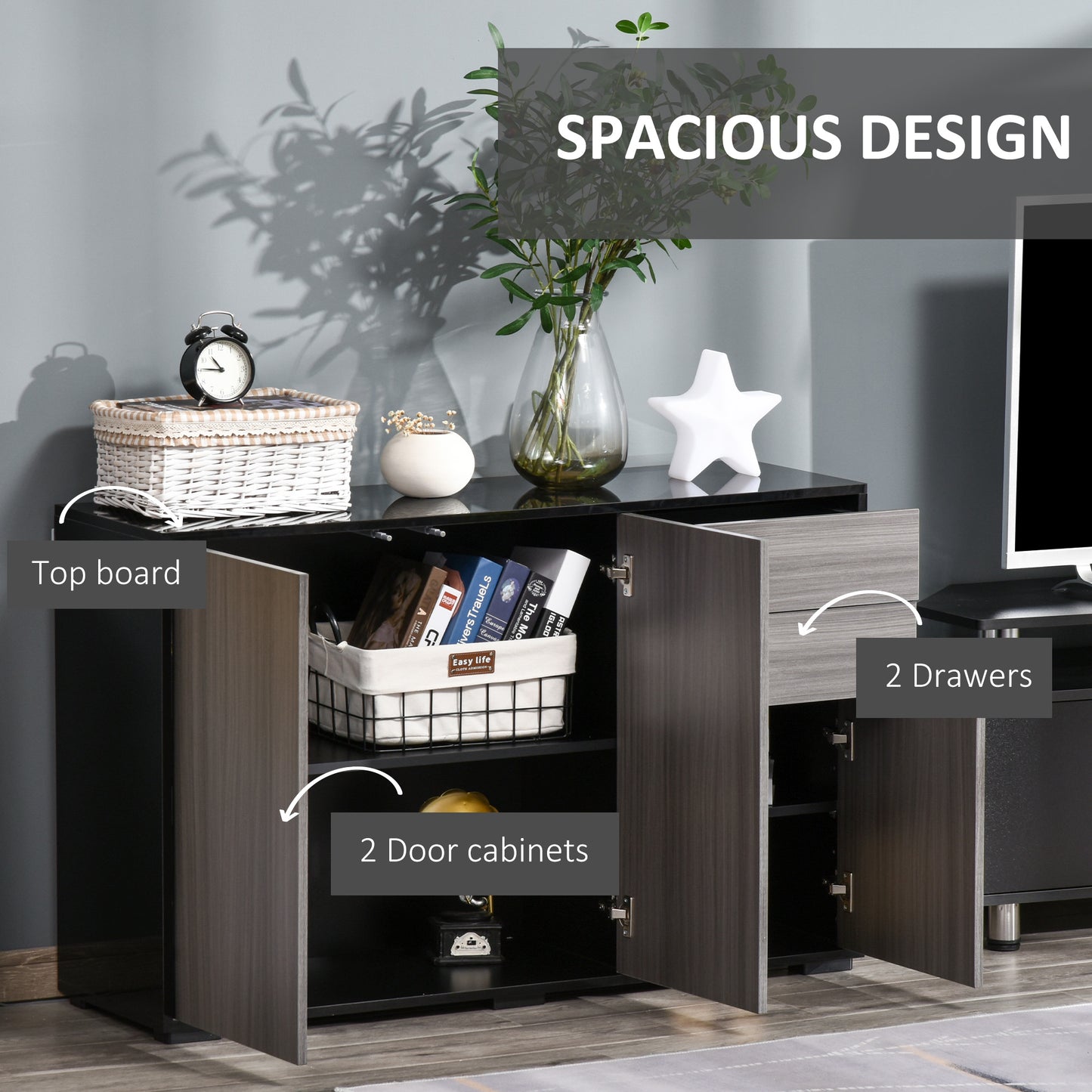HOMCOM Kitchen Sideboard Storage Cabinet, Modern Coffee Bar with Push-Open Design and 2 Drawers for Living Room, Black