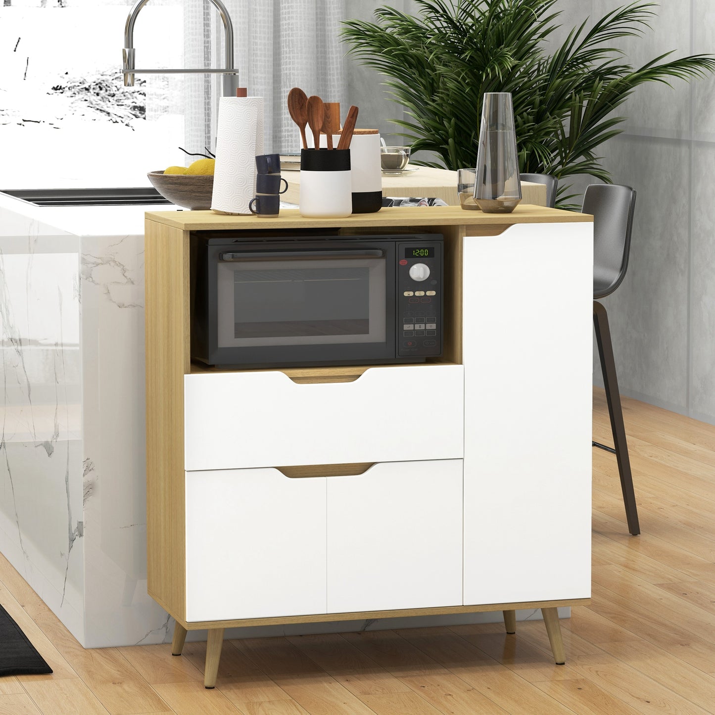 HOMCOM Modern Microwave Stand, Microwave Cabinet with Drawer, Storage Cupboards and Cable Hole for Kitchen, Dining Room, White