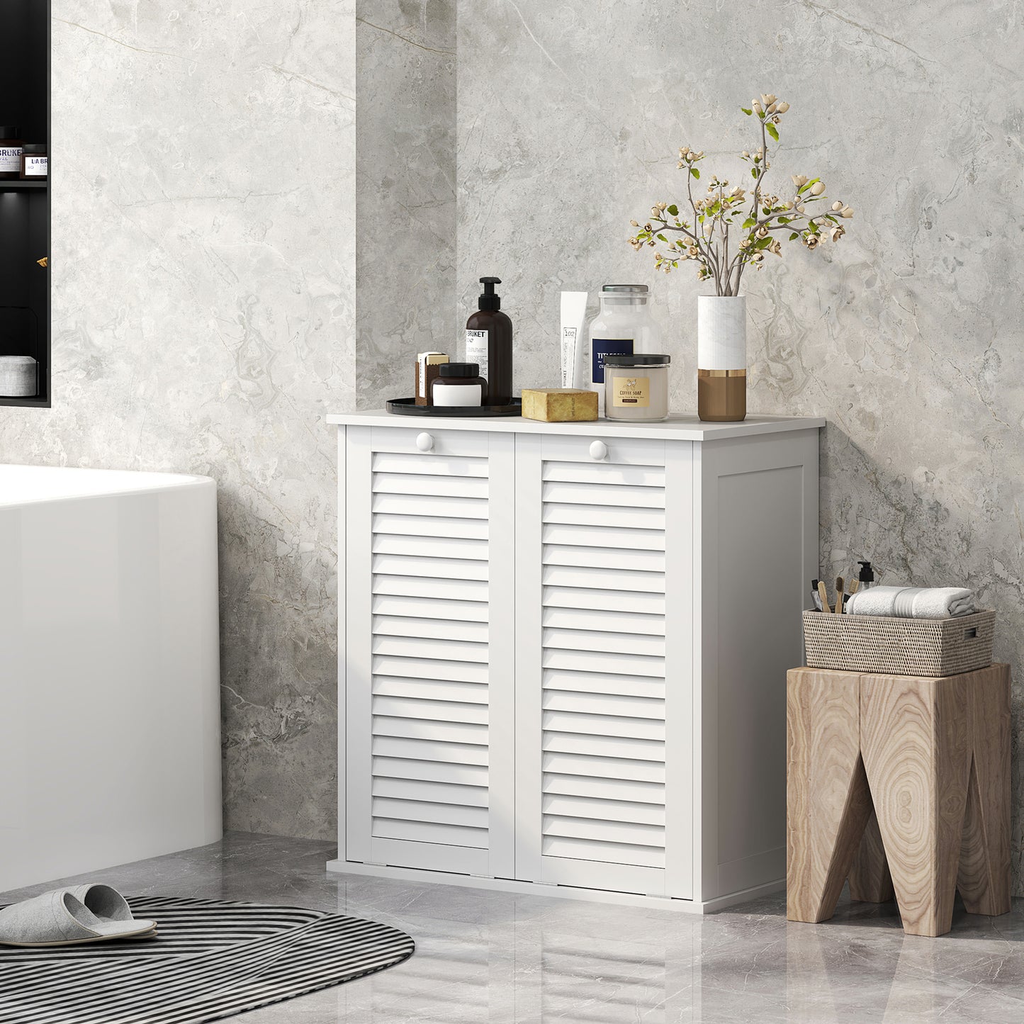HOMCOM Tilt Out Laundry Cabinet, Laundry Basket Cabinet with 2 Baskets and 2 Louvered Doors, White