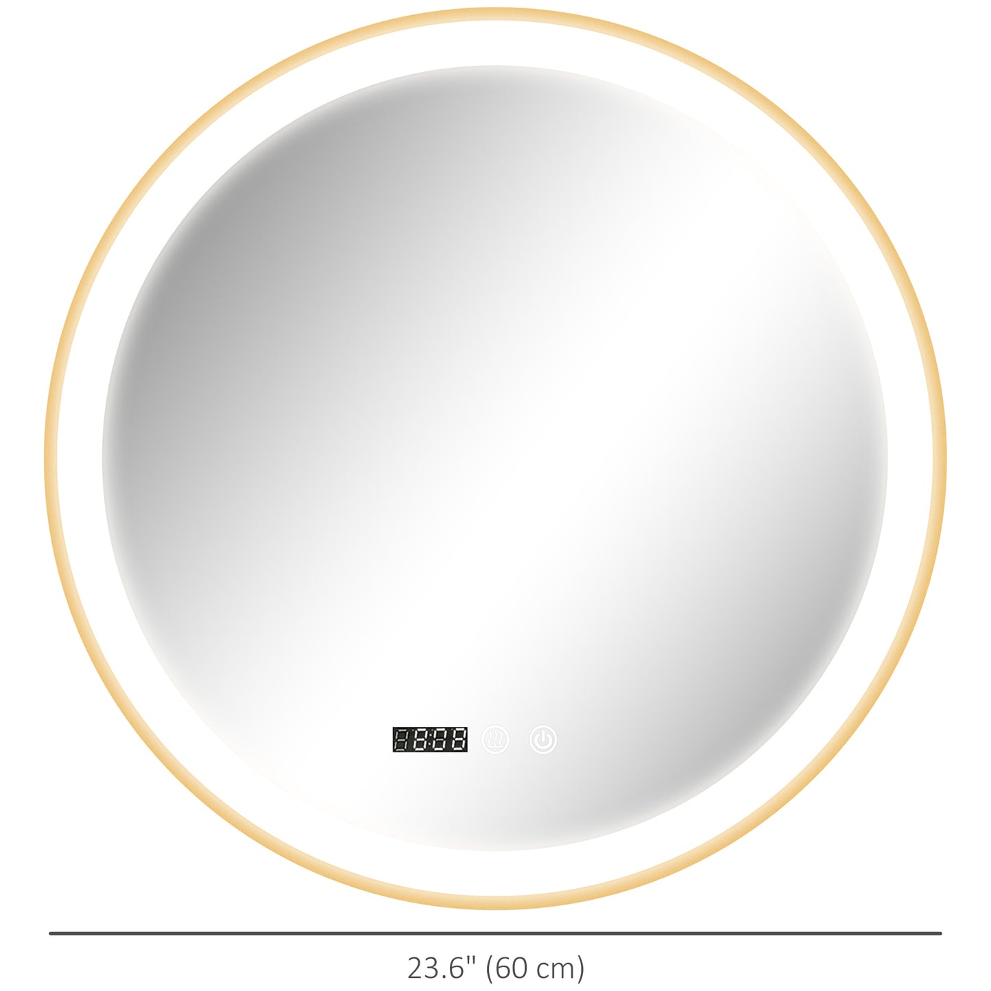 HOMCOM 24" Round Bathroom Mirror with LED Lights, Wall Mounted Vanity Mirror with Anti-Fog Pad, Time and Temp Display, Gold