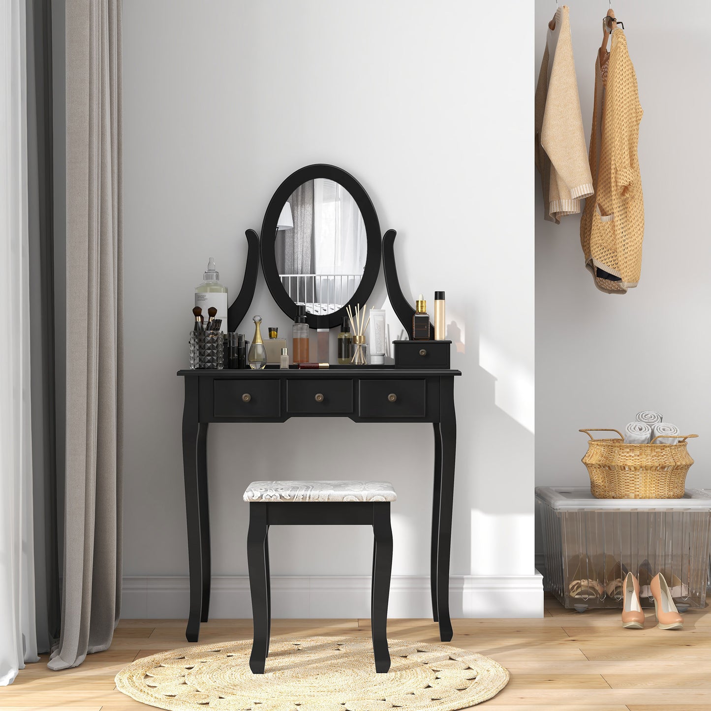 HOMCOM Vanity Desk with Stool, Makeup Vanity with 360° Rotating Oval Mirror, 5 Drawers and Padded Seat, Dressing Table for Bedroom, Black