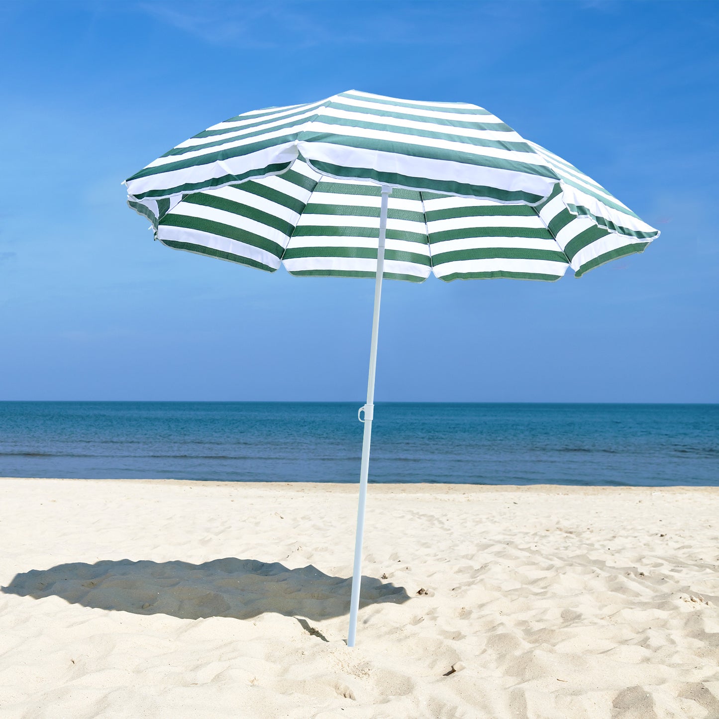 Outsunny 6FT Round Beach Umbrella with Tilt Mechanism, Outdoor UV Protection Sun Shaded Canopy with Push Button, Striped Green