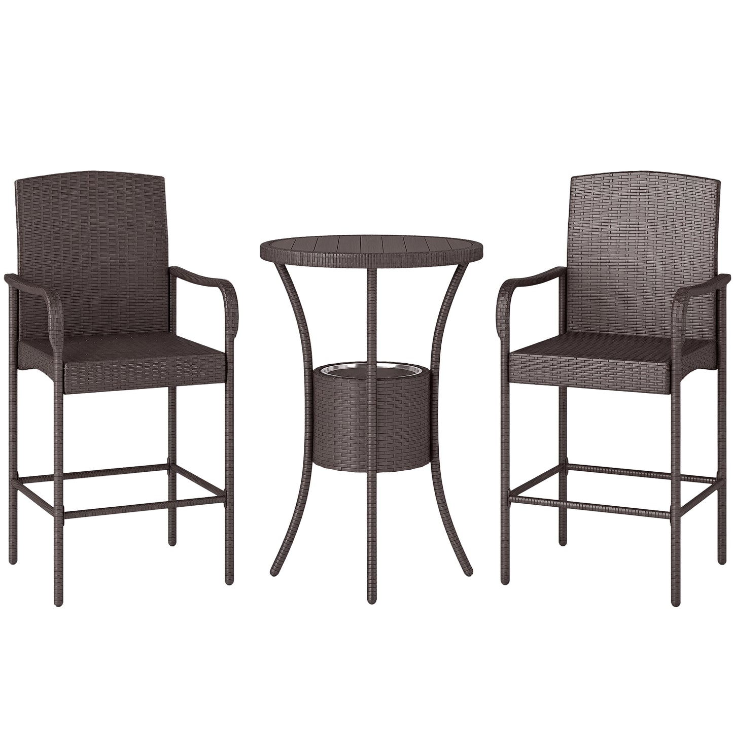 Outsunny 3 Pieces Patio Bar Set, Rattan Bistro Table and Chairs, Outdoor Conversation Furniture Set with Ice Bucket, Dark Brown