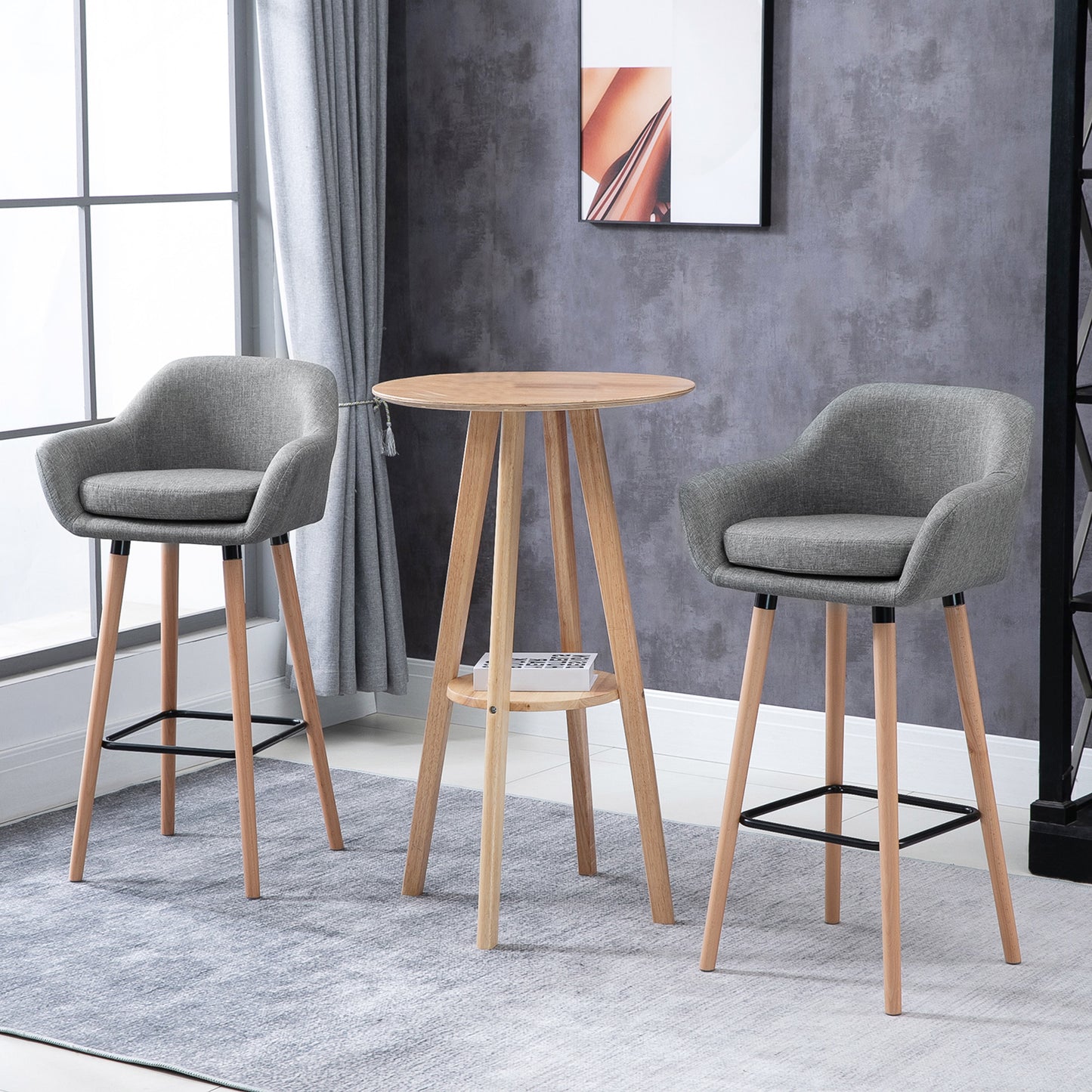 HOMCOM Modern Upholstered Fabric Seat Bar Stools Chairs Set of 2 with Metal Frame, Solid Wood Legs Living Room Dining Room Furniture Grey