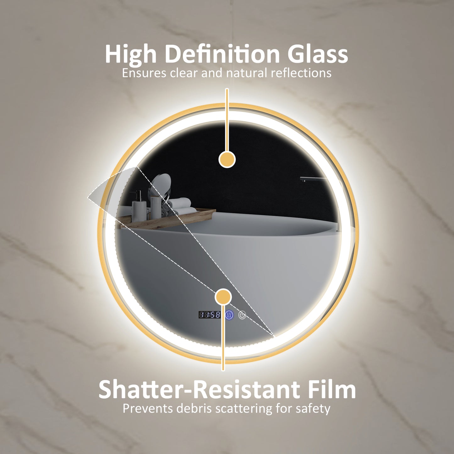 HOMCOM 24" Round Bathroom Mirror with LED Lights, Wall Mounted Vanity Mirror with Anti-Fog Pad, Time and Temp Display, Gold