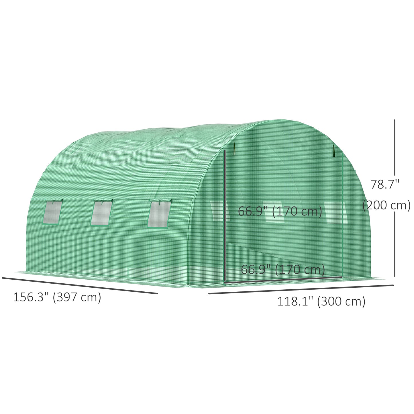 Outsunny 13' x 10' x 6.6' Walk-in Polytunnel Greenhouse, Outdoor Garden Tunnel Greenhouse Tent with Zipped Roll-Up Door and 6 Mesh Windows, Green