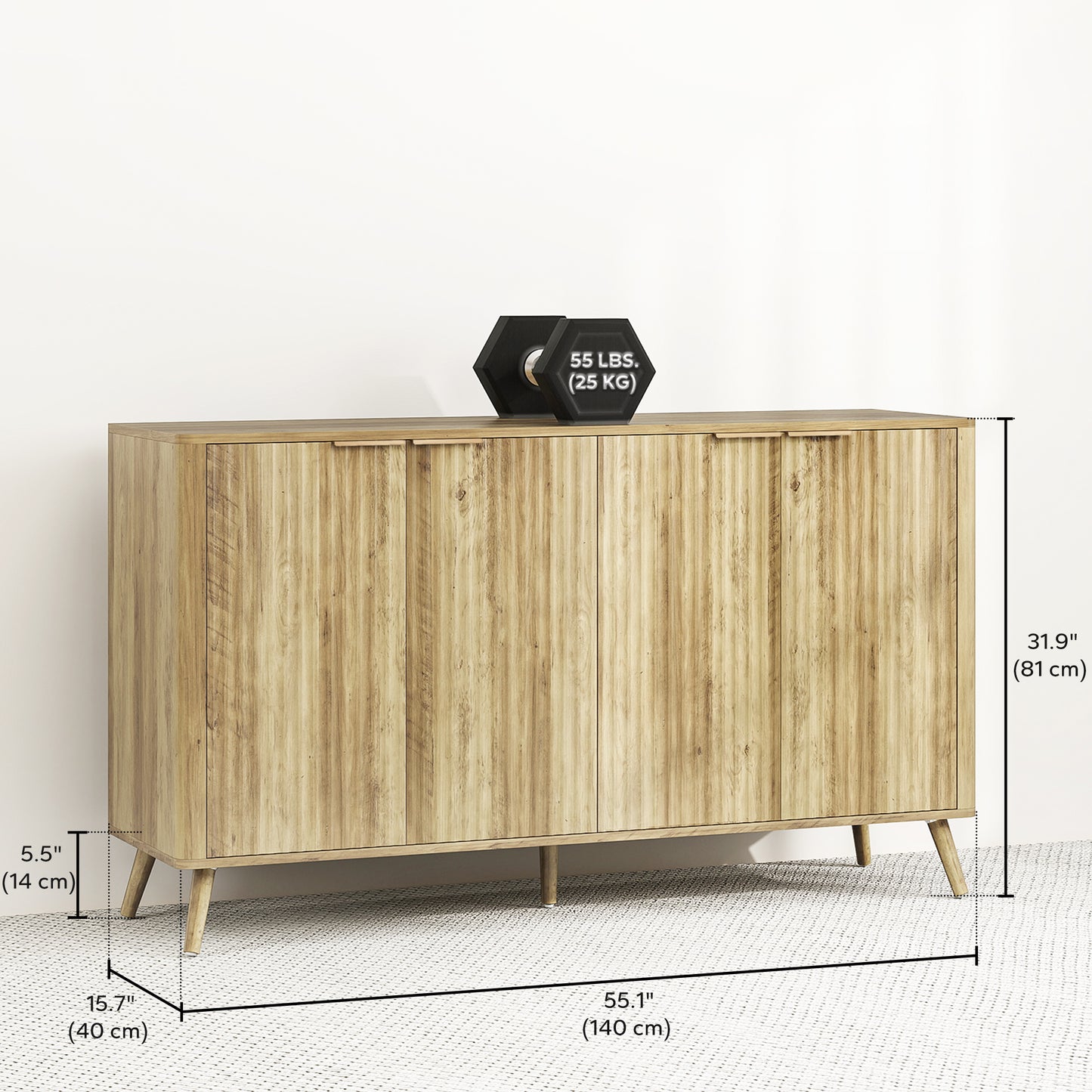 HOMCOM 55" Buffet Cabinet, Modern Sideboard with 2 Fluted Doors and Adjustable Shelf for Kitchen, Living Room, White