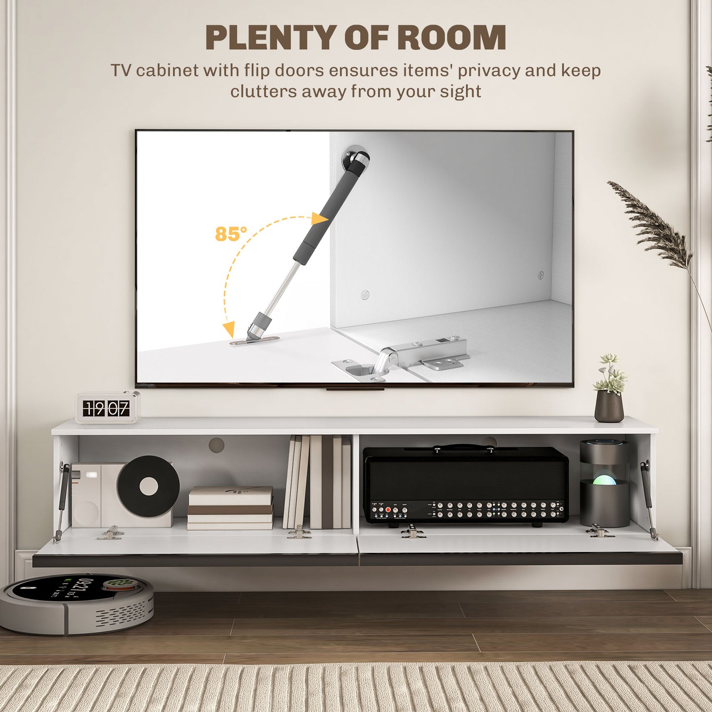 HOMCOM Wall Mounted TV Stand, Floating TV Cabinet for up to 70" TVs with Storage, High Gloss Effect, Brown and Black