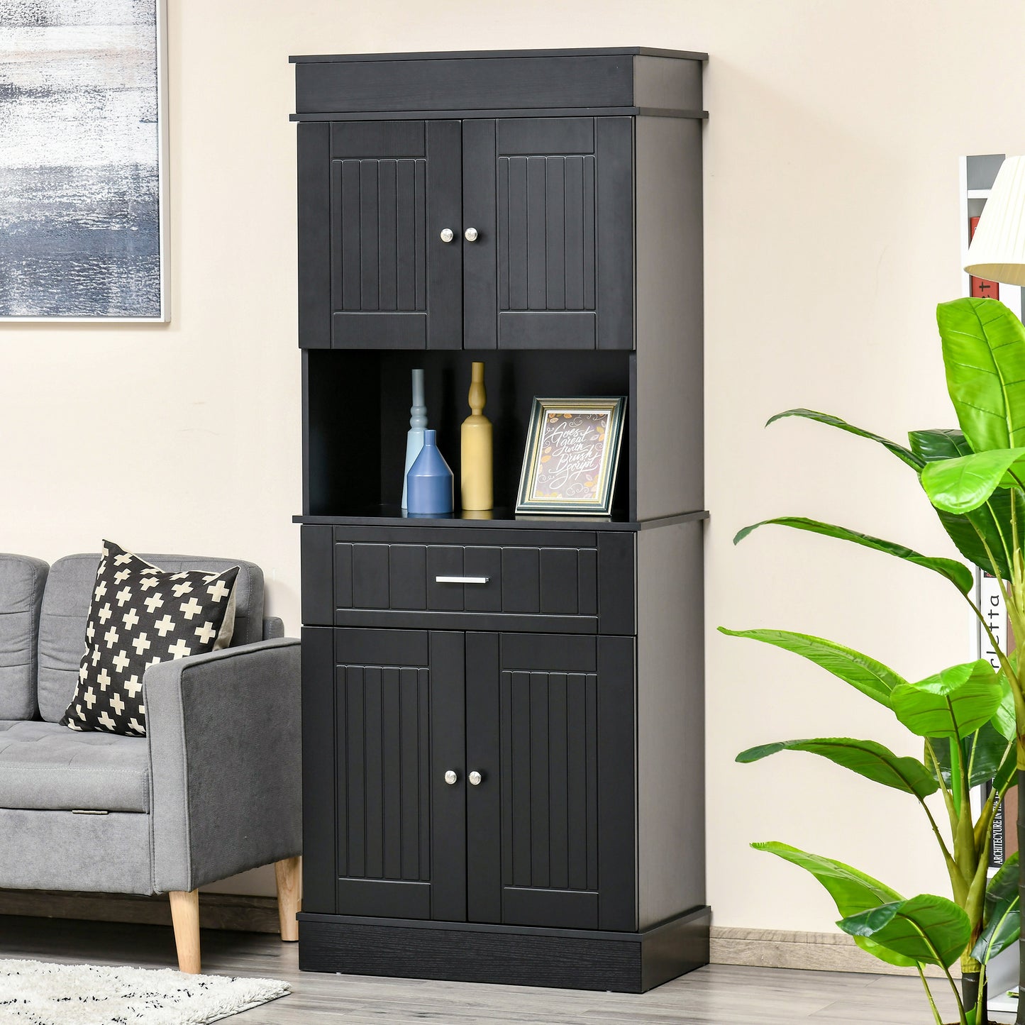 HOMCOM 72" Kitchen Pantry Cabinet, Freestanding Buffet with Hutch, Cupboard with Adjustable Shelf, Utility Drawer, 2 Door Cabinets and Countertop, Black Wood Grain