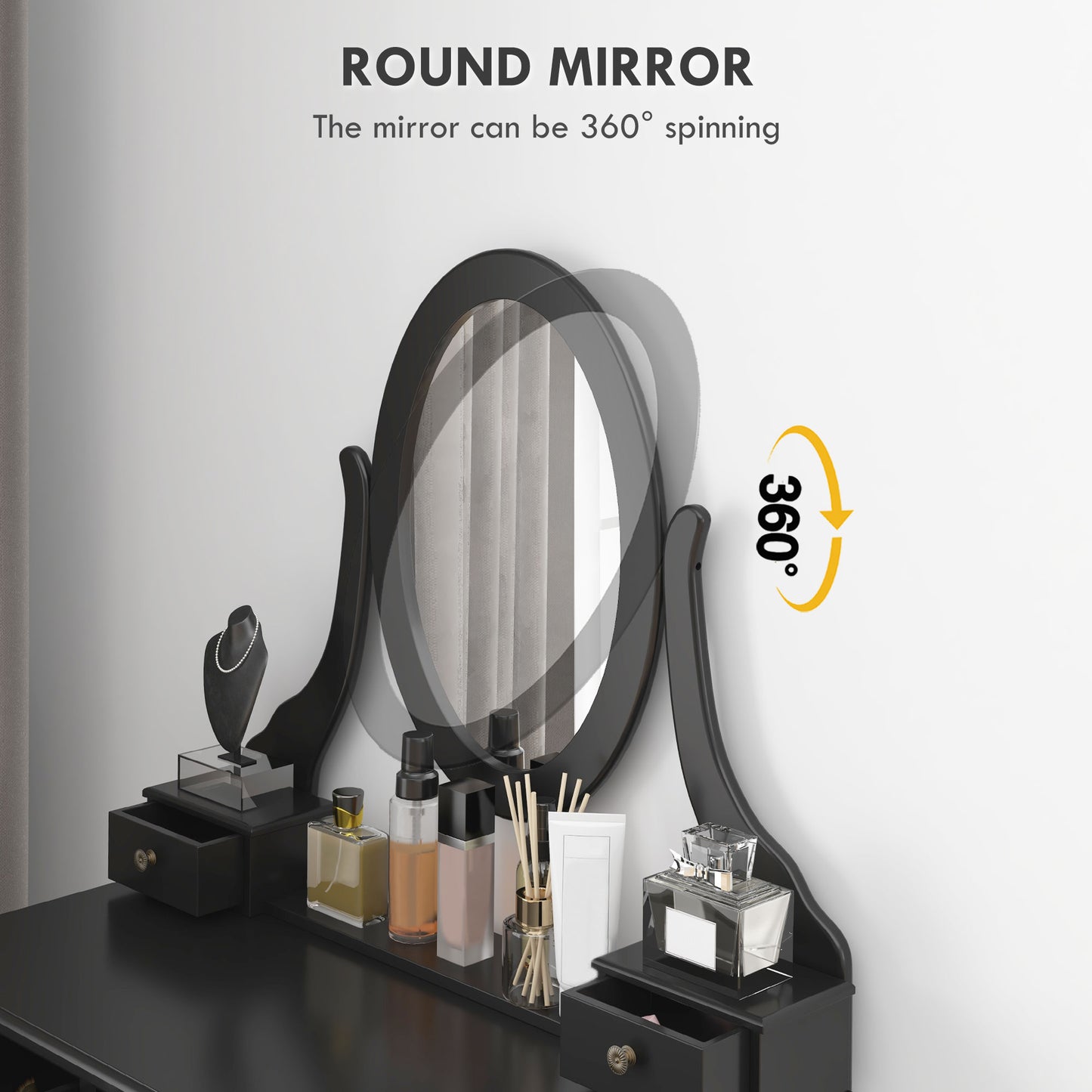 HOMCOM Vanity Desk with Stool, Makeup Vanity with 360° Rotating Oval Mirror, 5 Drawers and Padded Seat, Dressing Table for Bedroom, Black