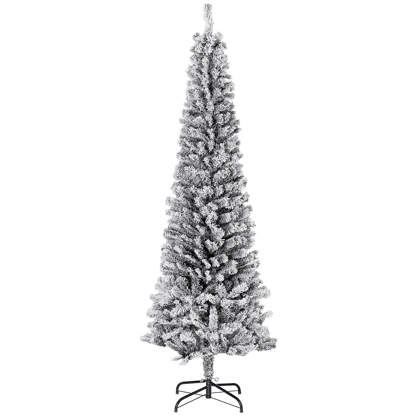 HOMCOM 7.5ft Flocked Christmas Tree, Pencil Christmas Tree with Realistic Branch Tips, Folding Metal Stand, Green