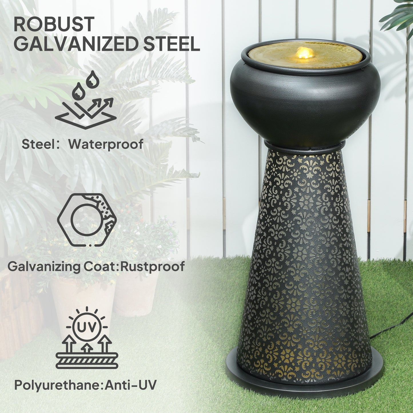 Outsunny 28" Tall Outdoor Water Fountain with LED Lights, Bowl Garden Waterfall Fountain with Adjustable Flow, Outdoor Water Feature with Cut-out Floral Base, Dark Grey and Yellow