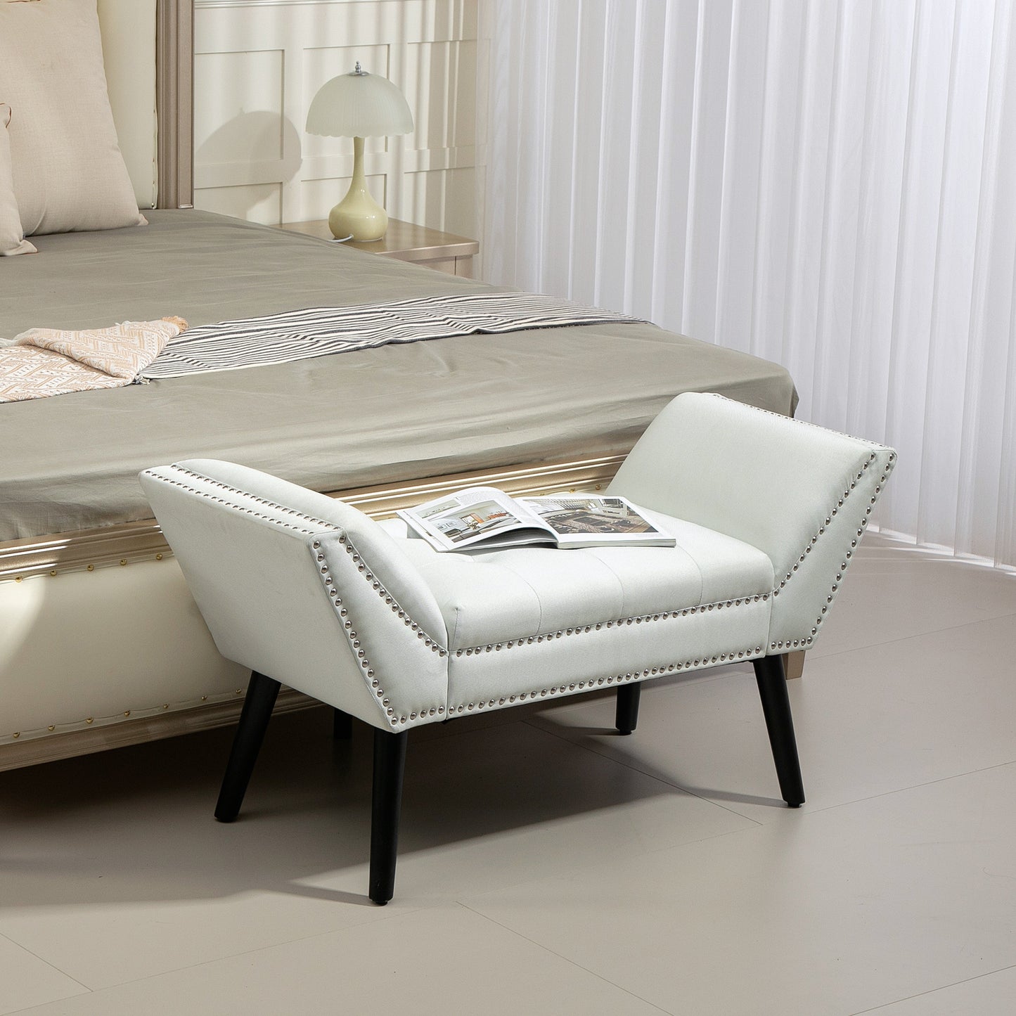 HOMCOM Modern Upholstered Bench, End of Bed Bench for Bedroom, Hallway Bench with Arms and Nailhead Trim