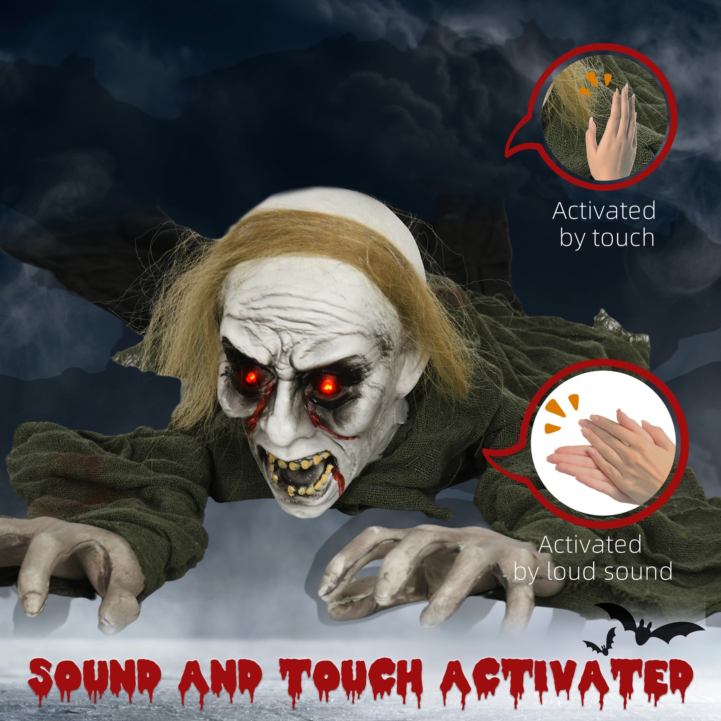 HOMCOM 66" Outdoor Halloween Decoration Crawling Zombie, Animated Prop Decor with Sound Activated, Light Up Eyes