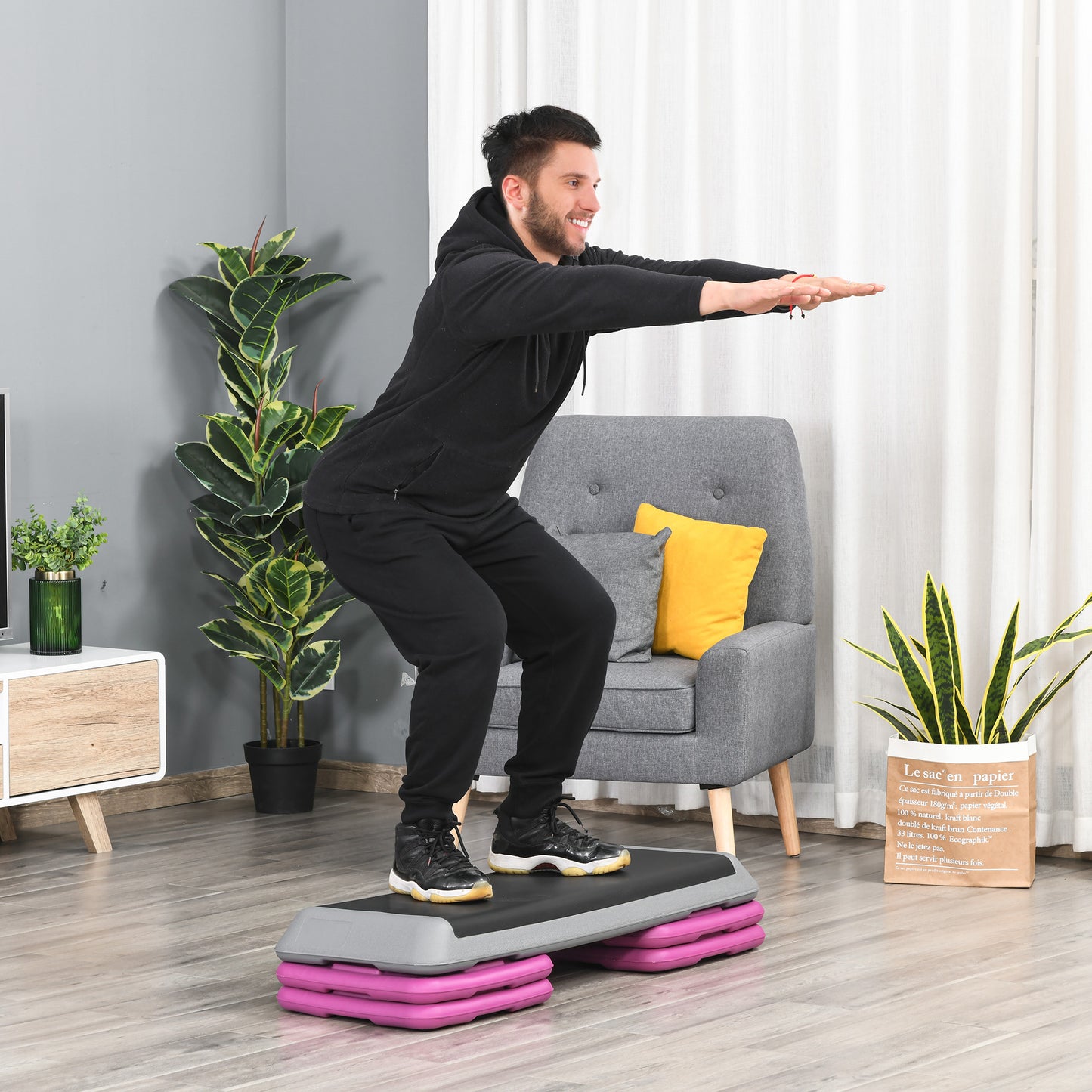 Soozier 43" Adjustable Aerobic Platform Stepper 3 Level with Risers 4� 6� 8� Cardio Fitness Trainer Workout Step Home Gym Exercise, Black Purple