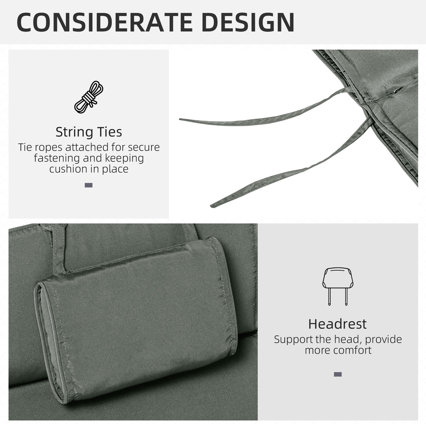 Outsunny Garden Lounger Chair Cushion Replacement, Deep Seat Patio Cushions with Thick Padded, Headrest, Removable Cover, Grey