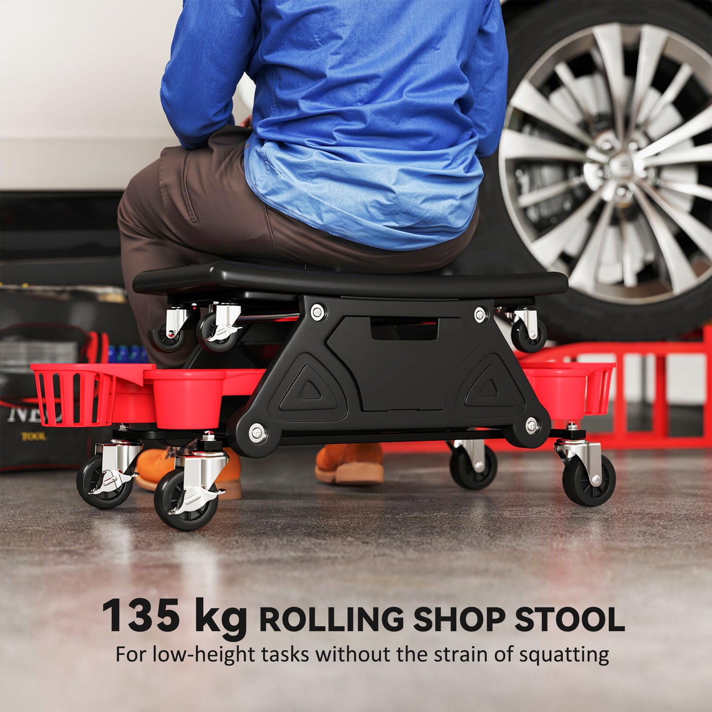 HOMCOM Rolling Garage Stool, 300 LBS Capacity Padded Mechanic Stool with 2.5" Wheels, Adjustable Height 15" -19.7", Red