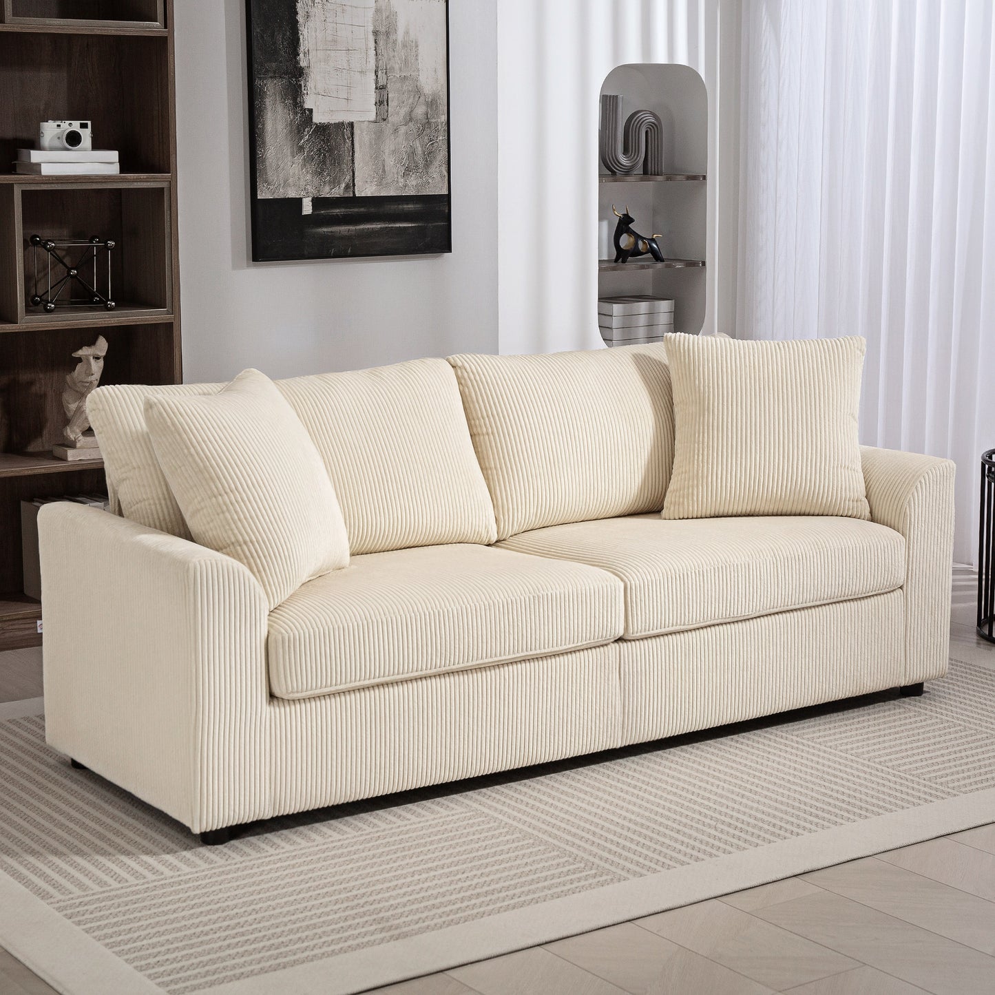 HOMCOM 3 Seater Sofa, 83.5" Modern Upholstered Couch with Pocket Spring and 2 Scatter Cushions for Living Room, Cream White