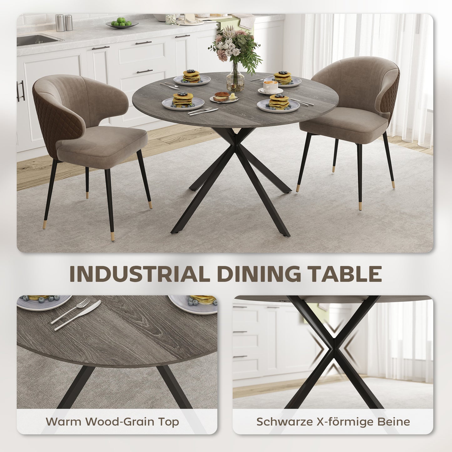 HOMCOM 47" Round Kitchen Table for 4, Industrial Dining Table with Steel Legs for Dining Room, Grey Wood Grain and Black