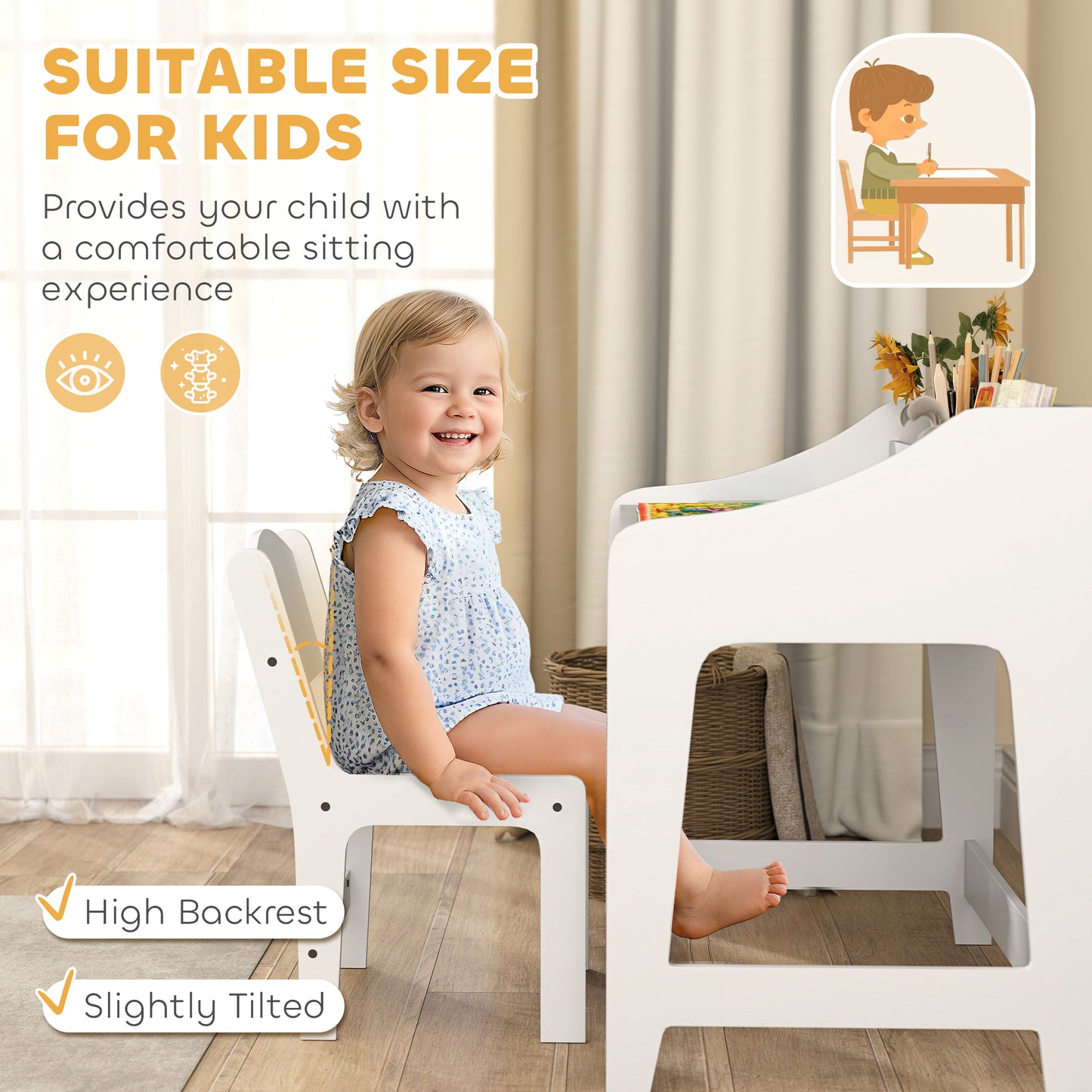 Qaba Kids Desk and Chair Set with Storage, Shelves for Bedroom, 3-8 Years Old, White
