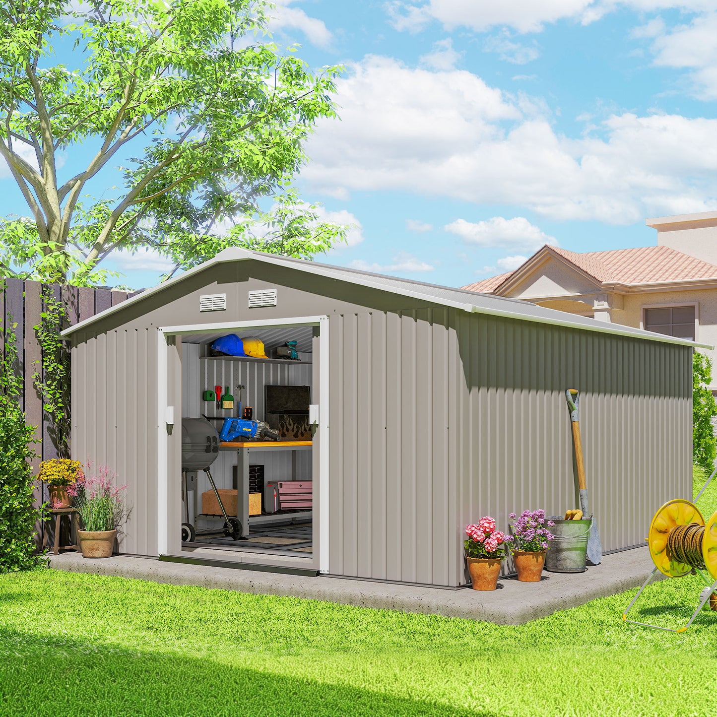 Outsunny 11' x 13'Garden Storage Shed w/ Foundation Kit Metal Tool Storage House w/ Double Doors Yellow