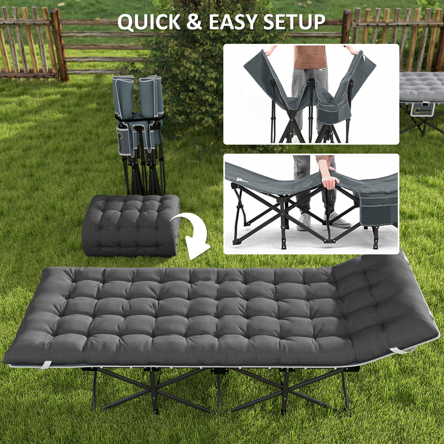 Outsunny 25.6" Wide Folding Bed, Camping Cot for Adults with Mattress, Carry Bag, Storage Pocket, Max Load 330 LBS, Light Grey