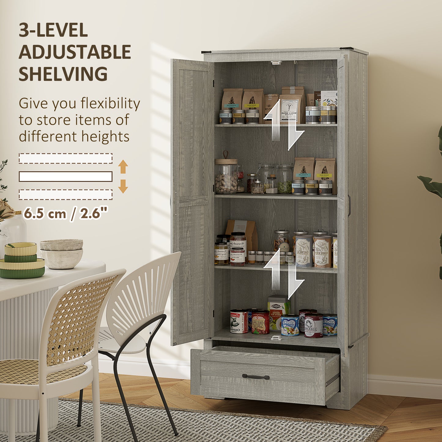 HOMCOM 72" Farmhouse Pantry Cabinet with Adjustable Shelves, Kitchen Pantry Cabinet with 2 Doors, Distressed Light Grey