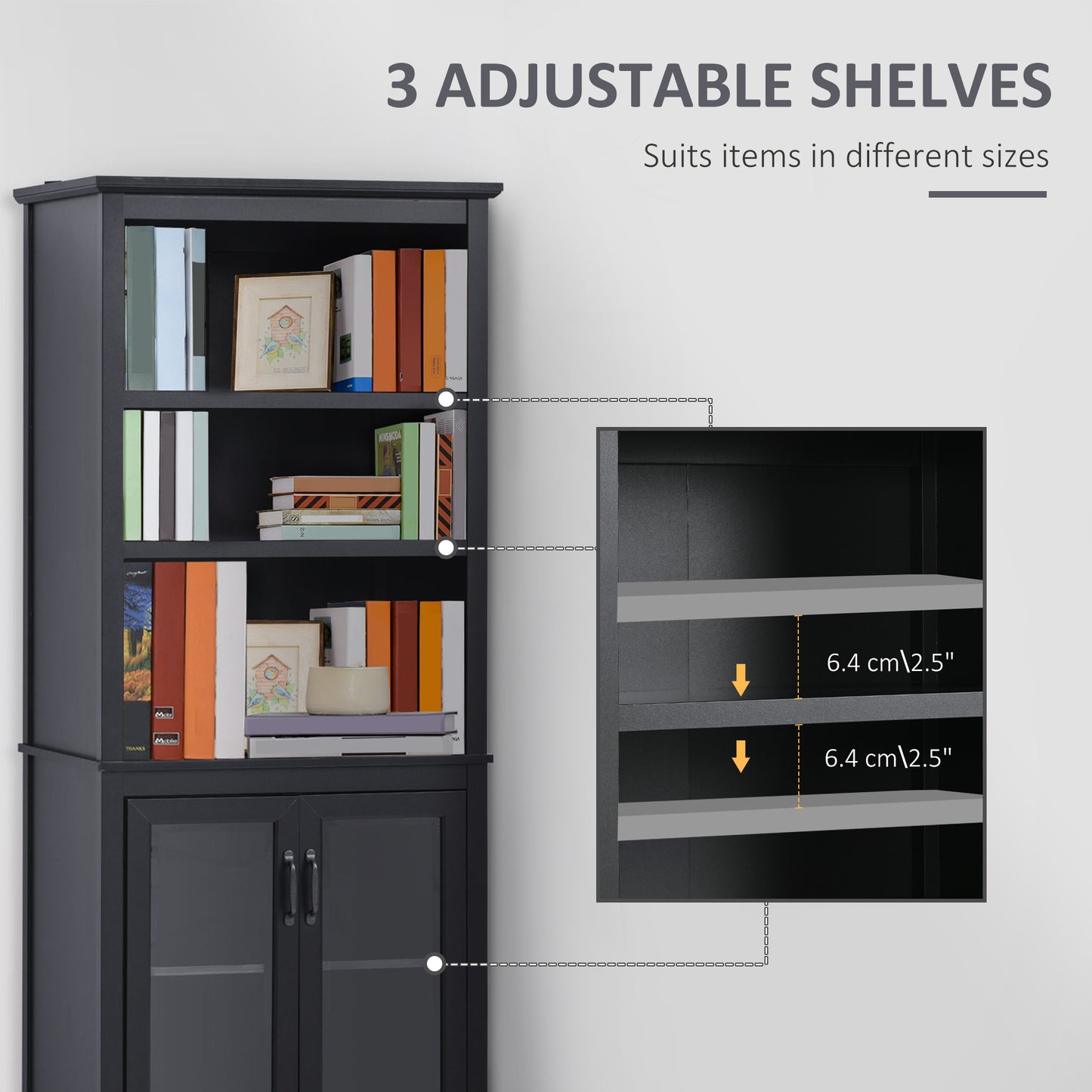 HOMCOM Multifunctional Storage Cabinet Bookcase with Adjustable Shelves Display Rack for Study, Kitchen, Living Room, White