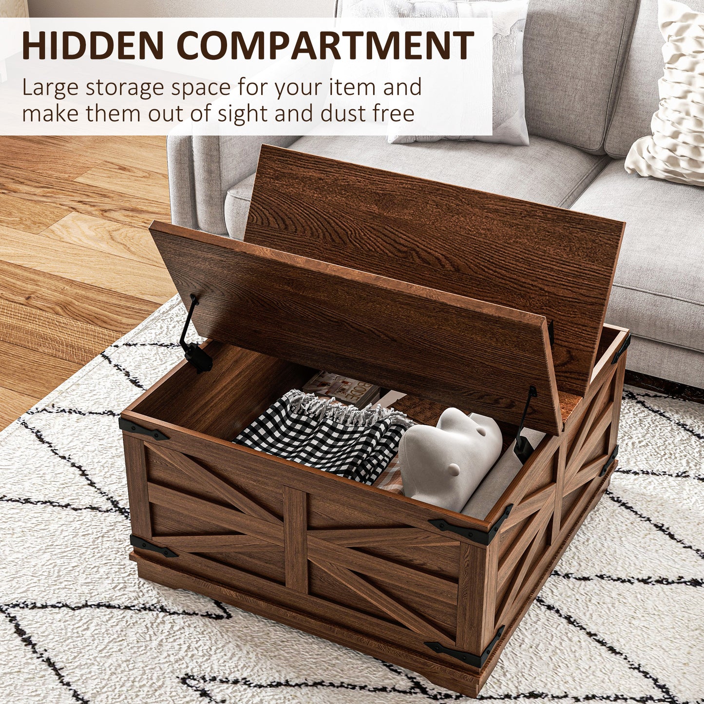 HOMCOM Farmhouse Coffee Table, Square Center Table with Flip-top Lids, Hidden Storage Compartment, Black