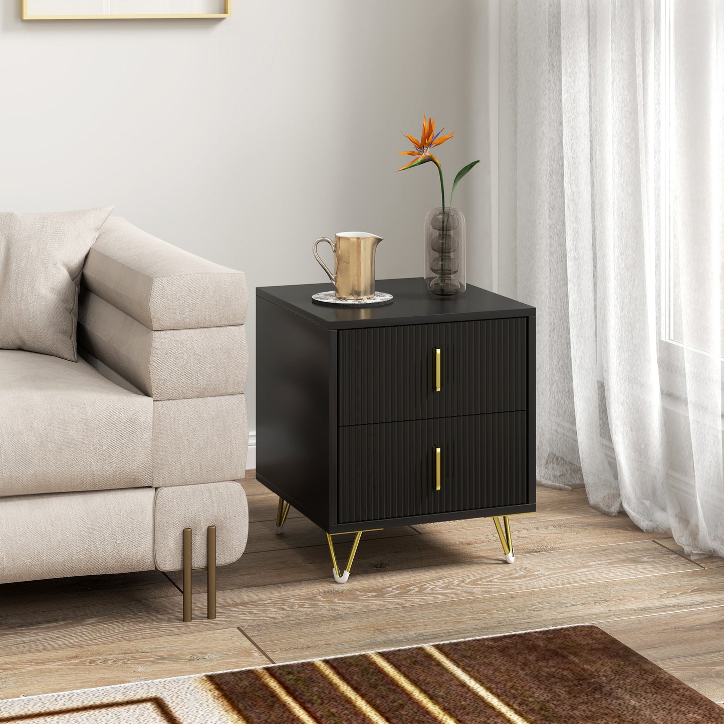 HOMCOM Bedside Table, Modern Nightstand with 2 Drawers, Side End Table with Metal Legs for Living Room, Bedroom, Black