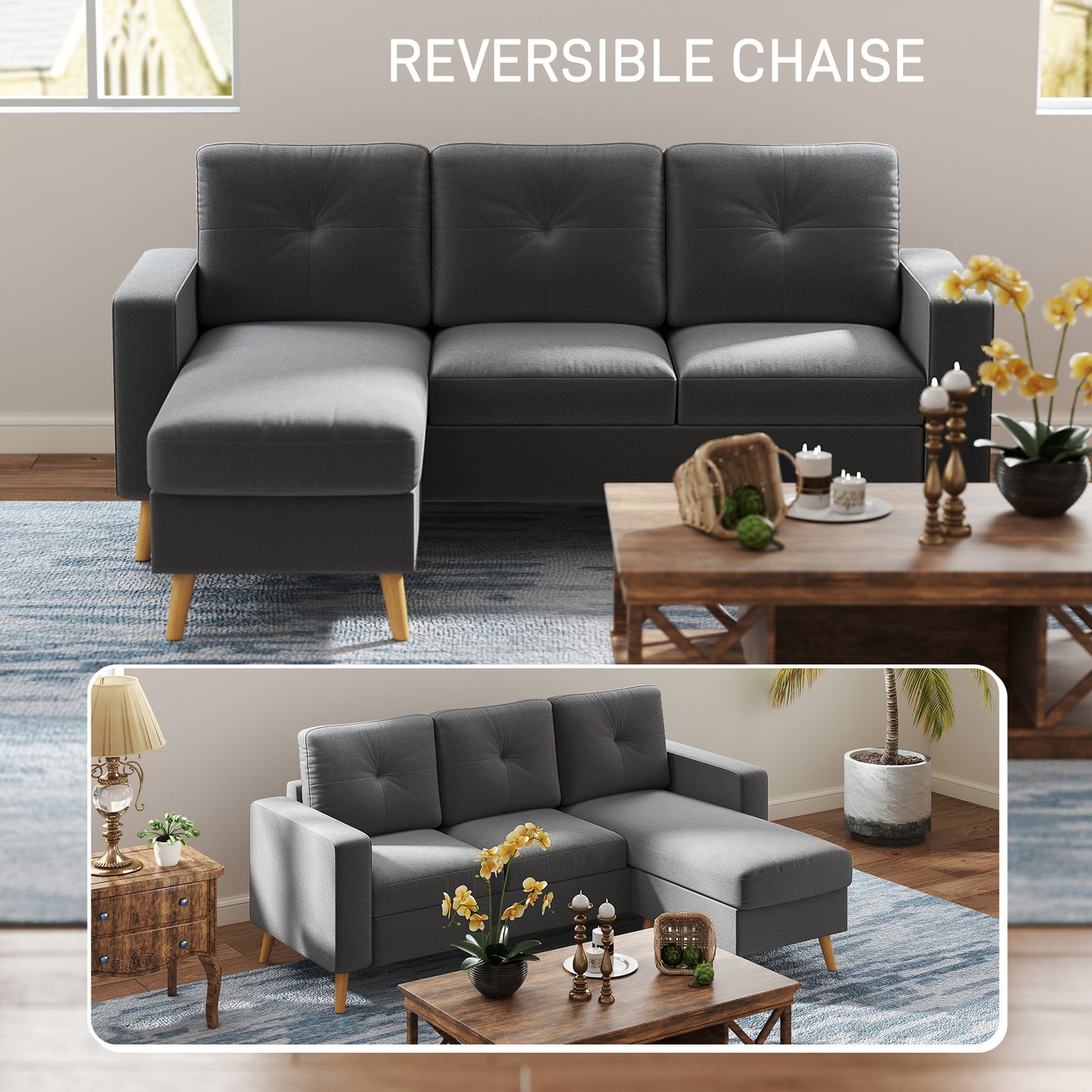HOMCOM Sectional Sofa Couch, L Shaped Couch with Reversible Chaise, Wooden Legs for Living Room, Bedroom, Dark Grey