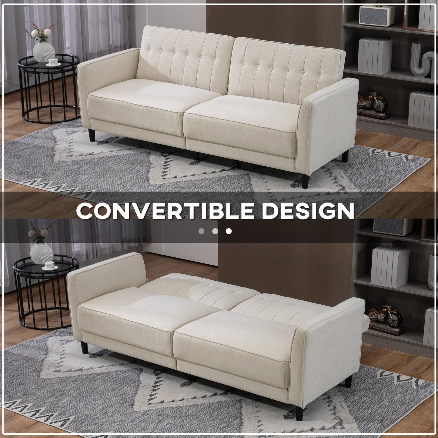 HOMCOM Convertible Bed with Couch, Button Tufted Fabric Sofa Bed with Adjustable Back for Living Room, Charcoal Grey