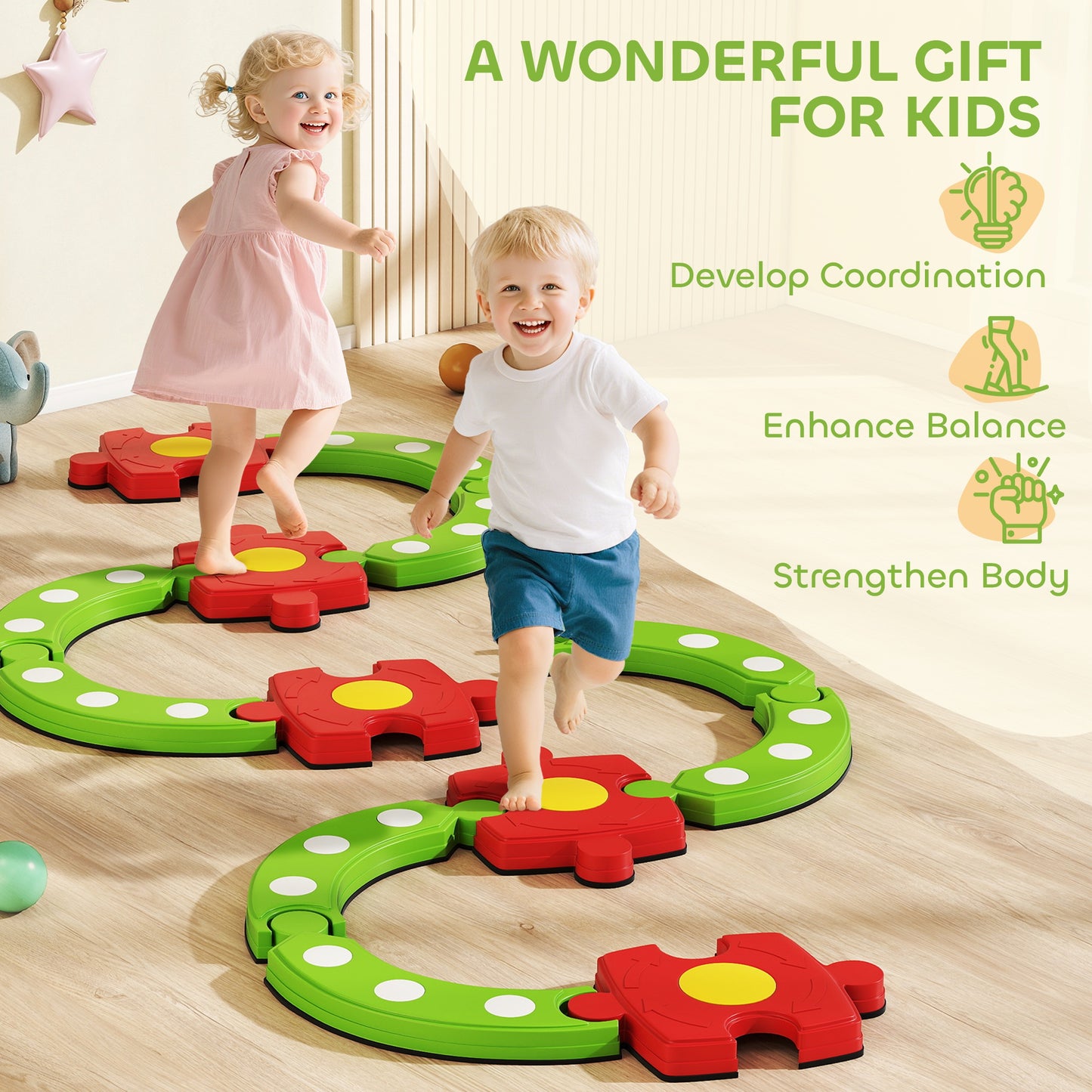 Qaba Kids Balance Beam Stepping Stones with Non-slip Surface for Kids 3-8, Build Coordination and Gross Motor Skills, Green