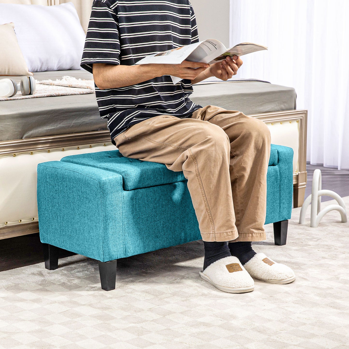 HOMCOM Storage Ottoman Bench Linen-Touch Fabric Tufted Chest Footstool with Flipping Top, Beige