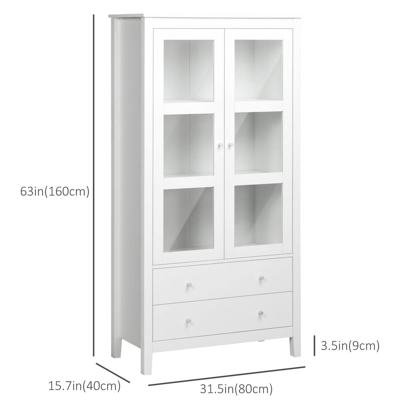HOMCOM Kitchen Pantry Cabinet, Freestanding Storage Cabinet with 3-tier Shelves, 2 Drawers and Glass Doors, White