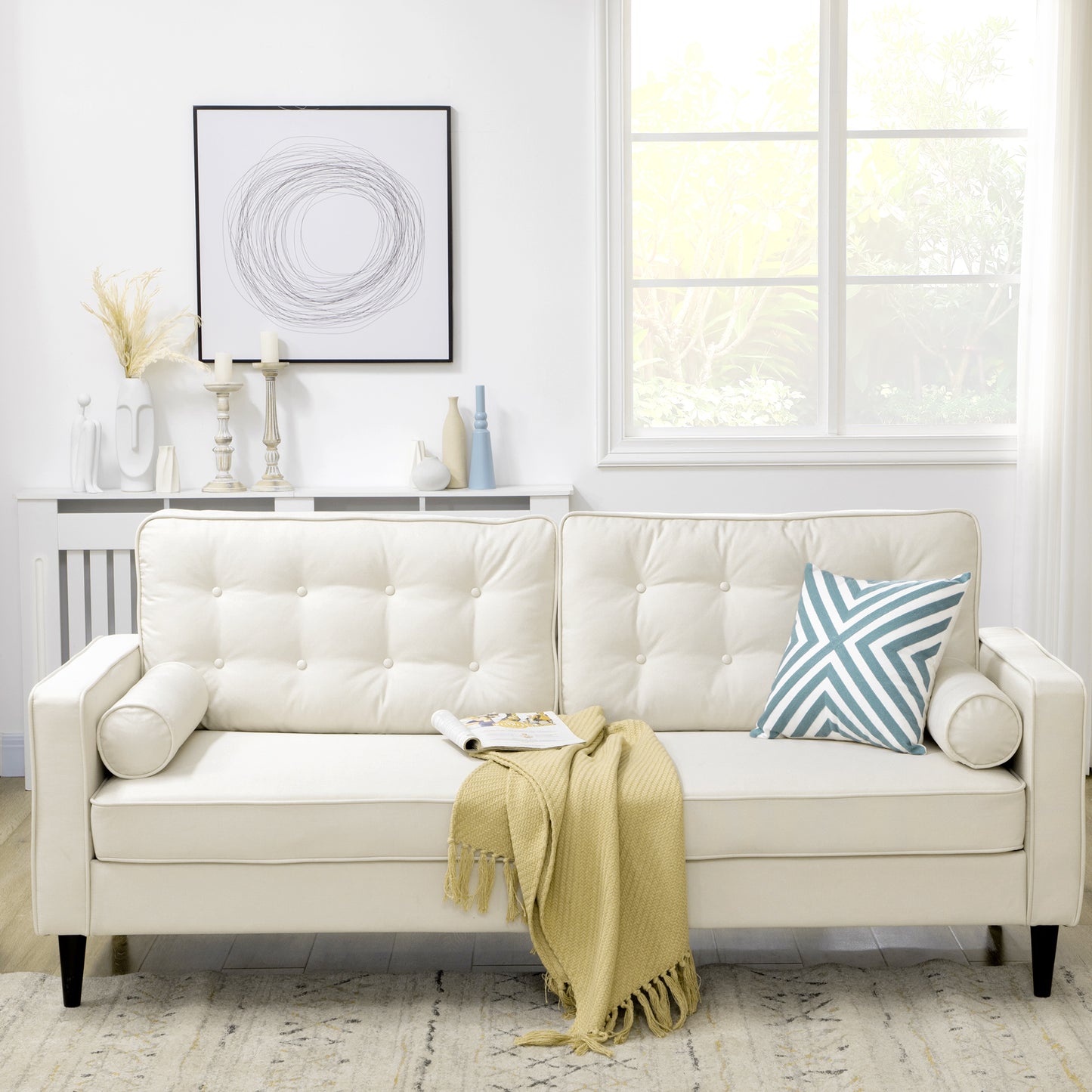HOMCOM Mid-Century Sofa, Couch with Button-Tufted Back Cushion, Velvet Feel Fabric Upholstery, 2 Cylindrical Pillows and Rubber Wood Legs for Living Room, Dark Blue