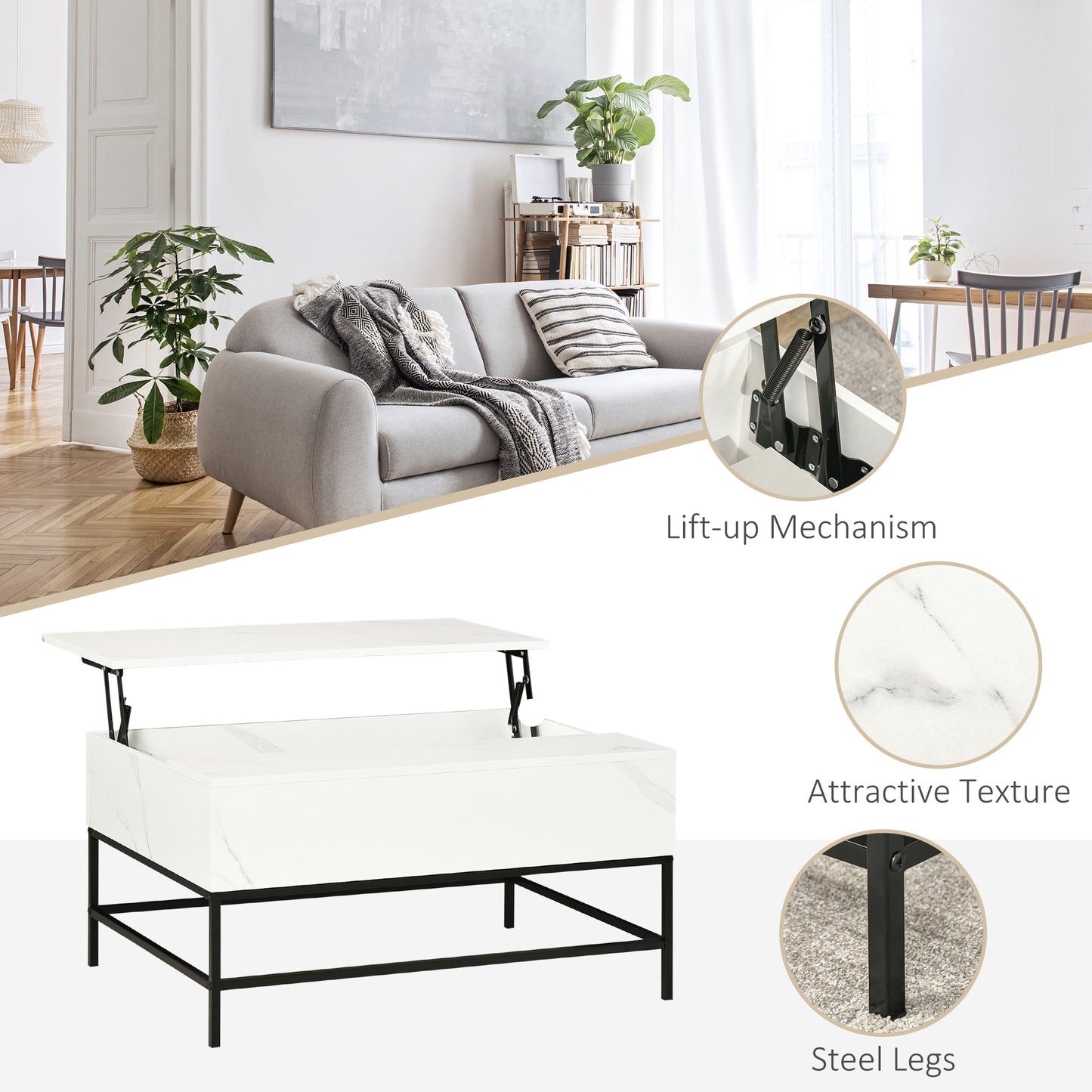 HOMCOM Lift Top Coffee Table with Hidden Storage Compartment Lift Tabletop Center Table for Living Room, Grey