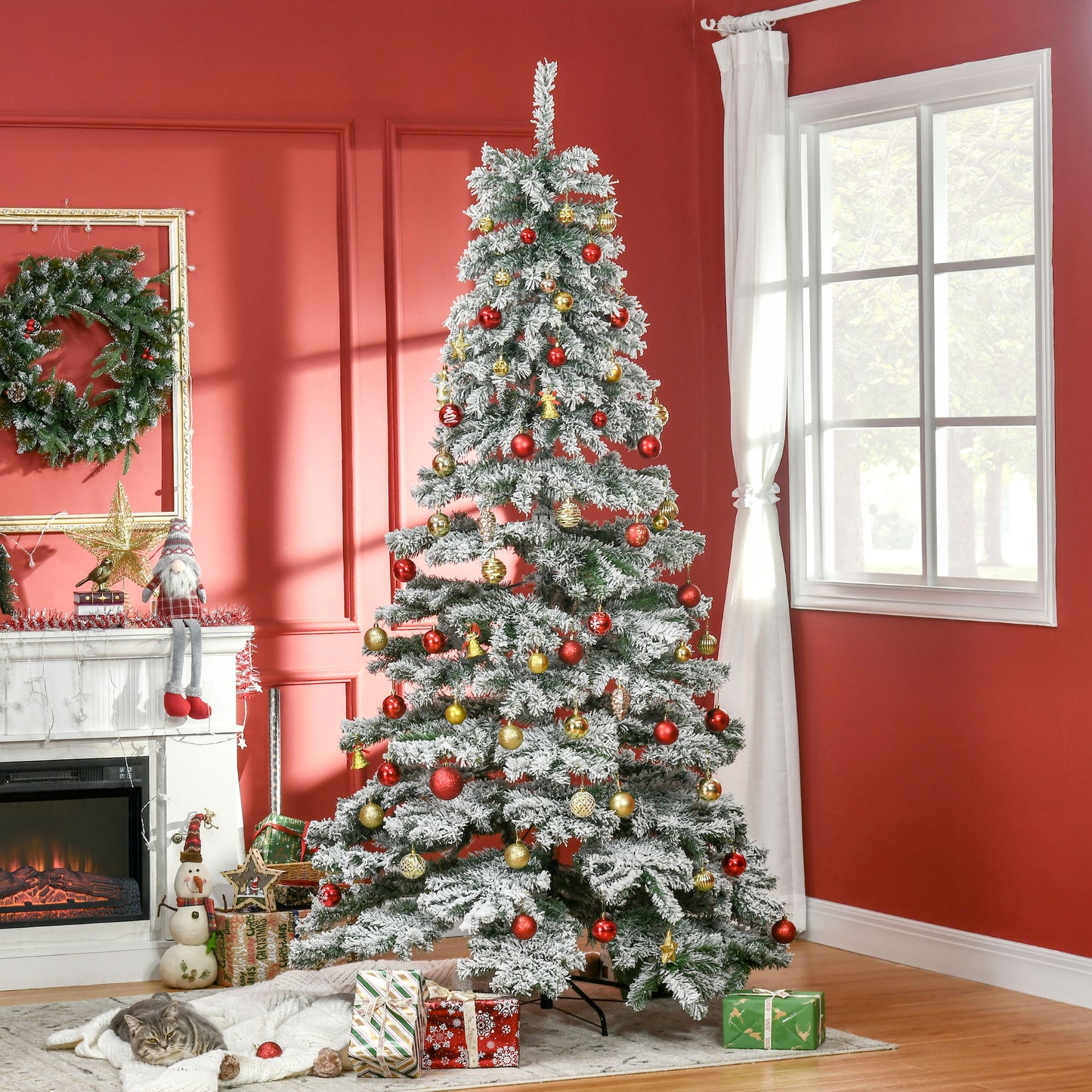 HOMCOM 7.5ft Artificial Snow Flocked Christmas Tree Xmas Tree Holiday Home Indoor Decoration for Party with Foldable Feet, Green