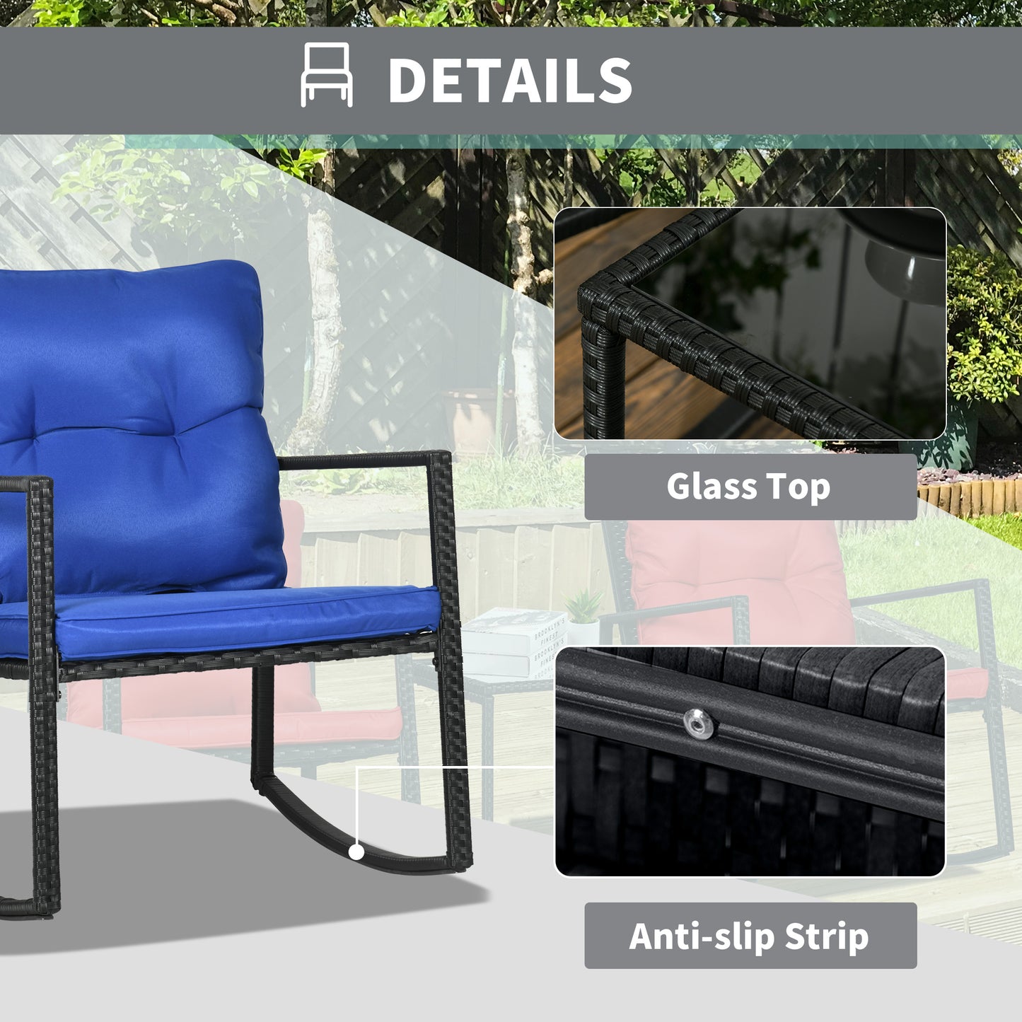 Outsunny 3 Pieces Rocking Bistro Set, Outdoor Wicker Patio Furniture with Glass Coffee Table and Outside Rocking Chairs for Porch, Conversation Sets with Thick Cushions, Blue