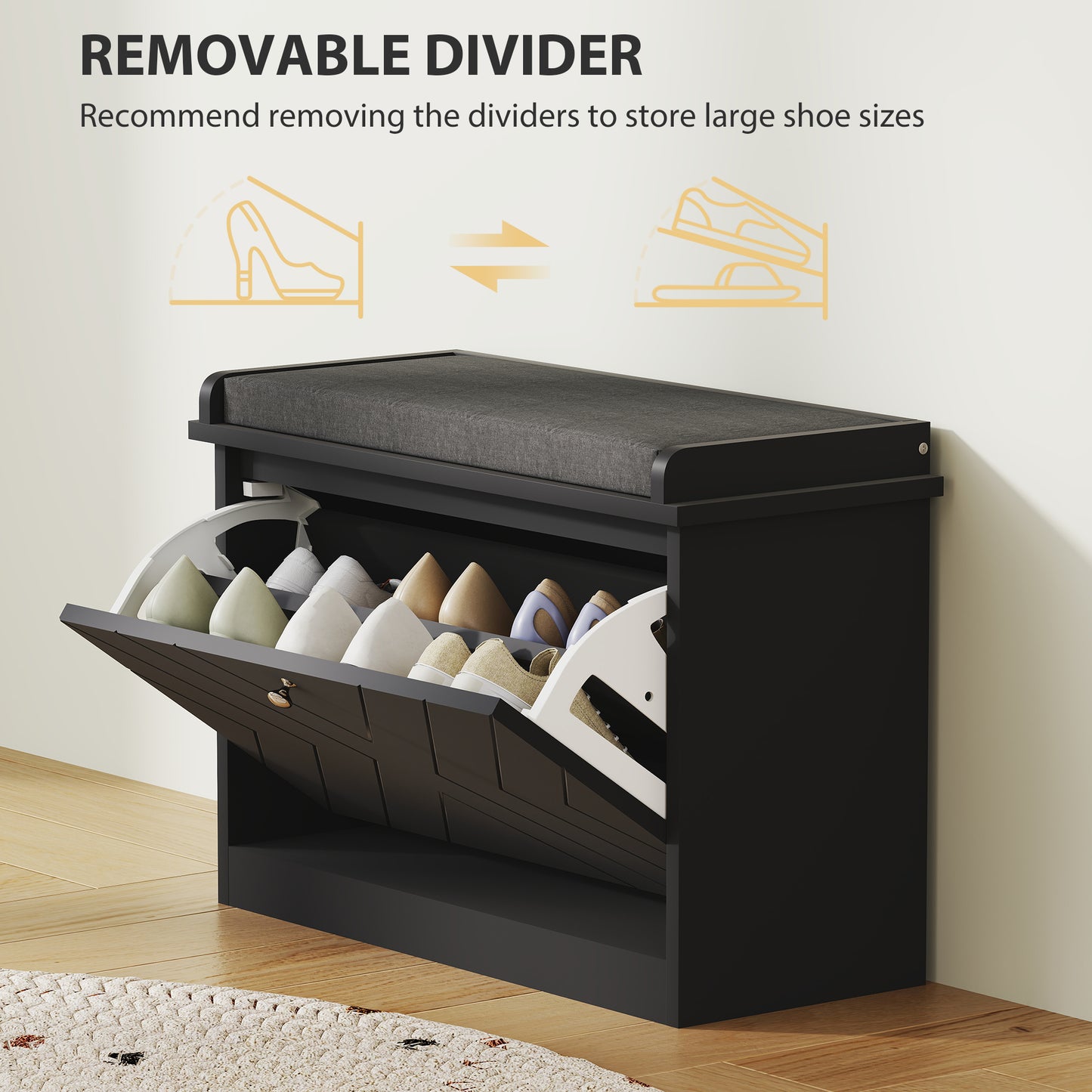 HOMCOM Shoe Storage with Seat, Upholstered Hallway Bench, Shoe Bench with Flip Drawer, Adjustable Shelf for 8 Pairs of Shoes