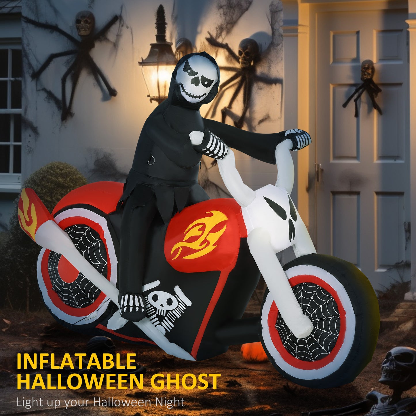 HOMCOM 6' Long Halloween Grim Reaper Flaming Motorcycle Outdoor LED Lighted Airblown Inflatable Decoration Holiday Seaon Garden Lawn Decor