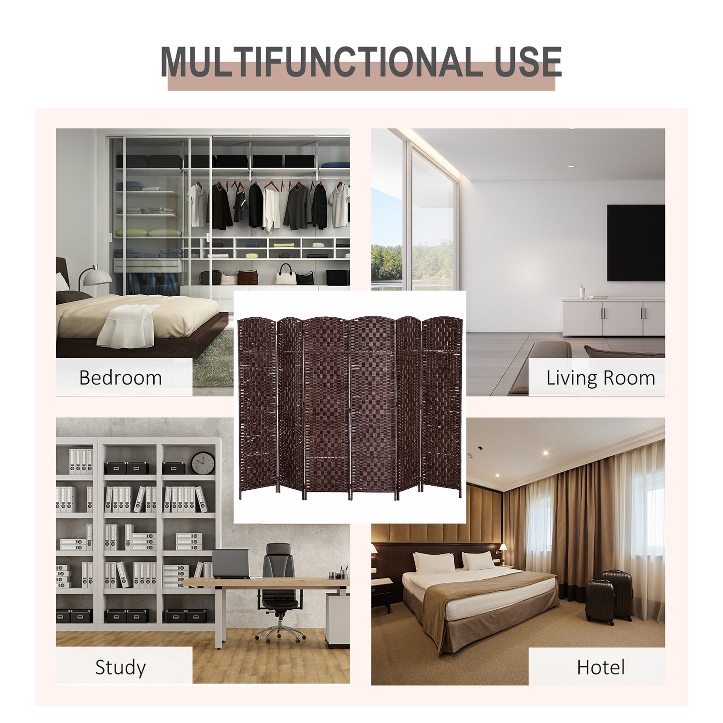 HOMCOM 6ft Folding Room Divider, 6 Panel Wall Partition with Wooden Frame for Bedroom, Home Office, Natural