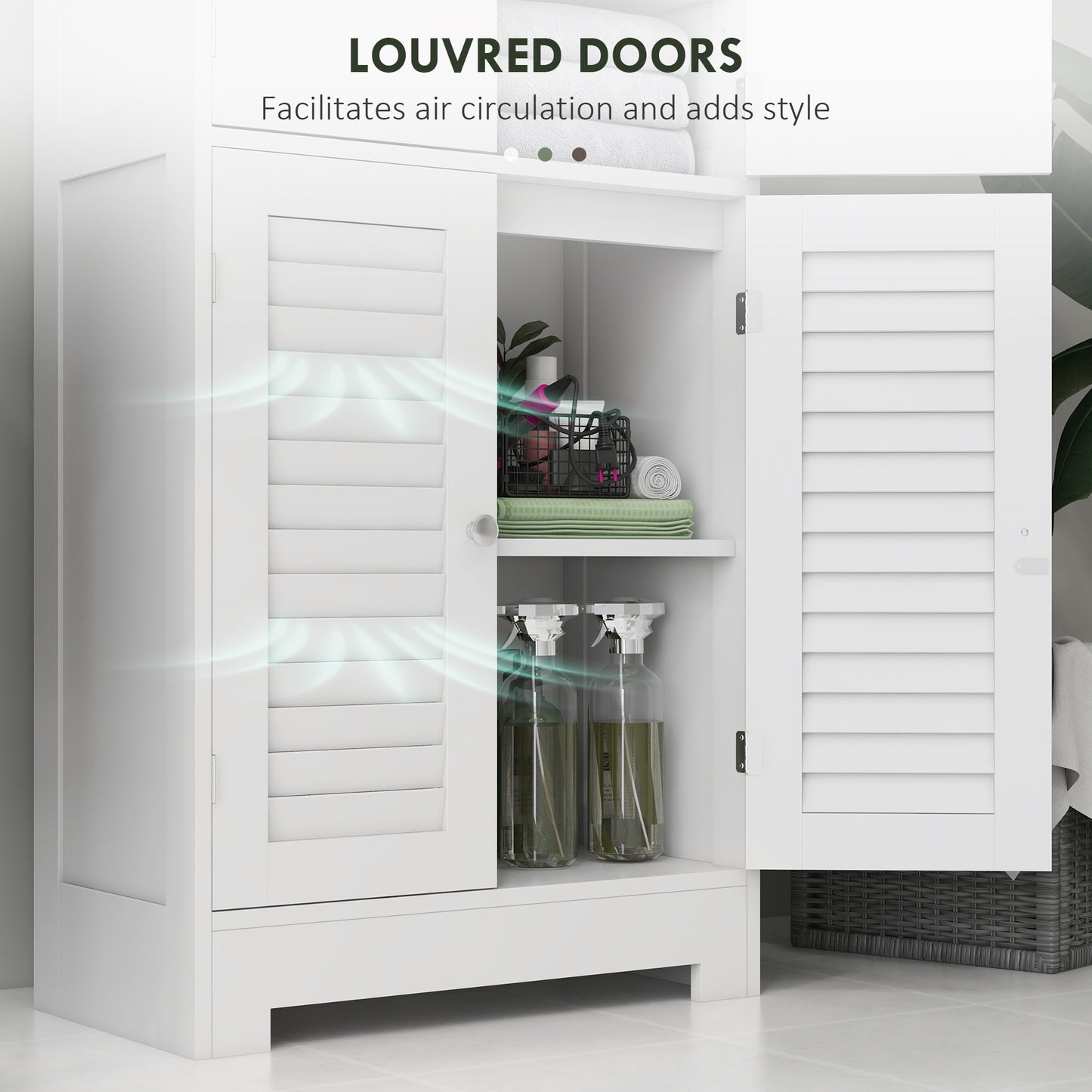HOMCOM Freestanding Bathroom Cabinet with Glass/Louvred Doors, Tall Bathroom Cabinet for Kitchen, Study, Living Room