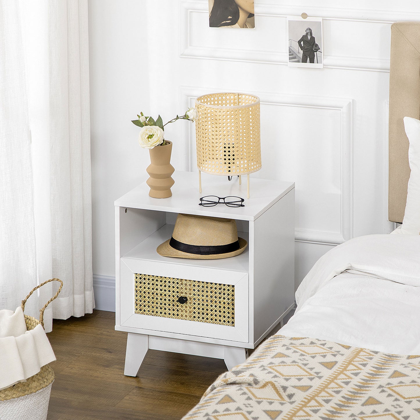 HOMCOM Bedside Table with Rattan Element, Side End Table with Drawer and Shelf, 17.7"x15.4"x22.2", White